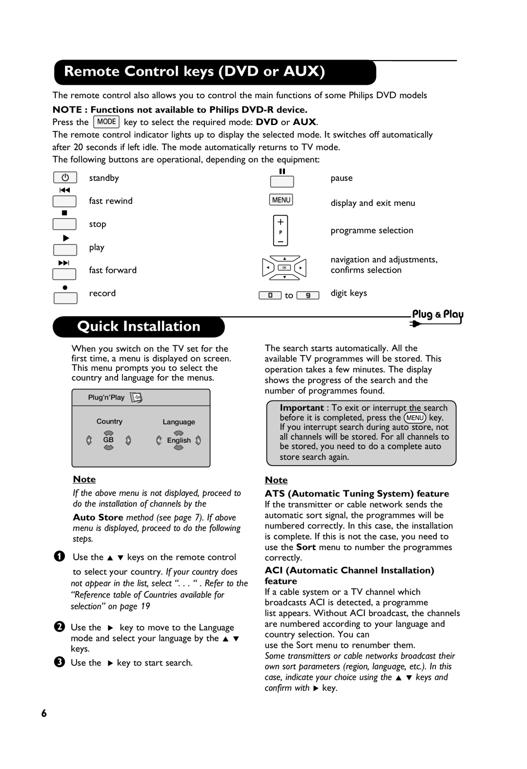 Philips 26PF4311S Remote Control keys DVD or AUX, Quick Installation, Fast forward Confirms selection Record Digit keys 