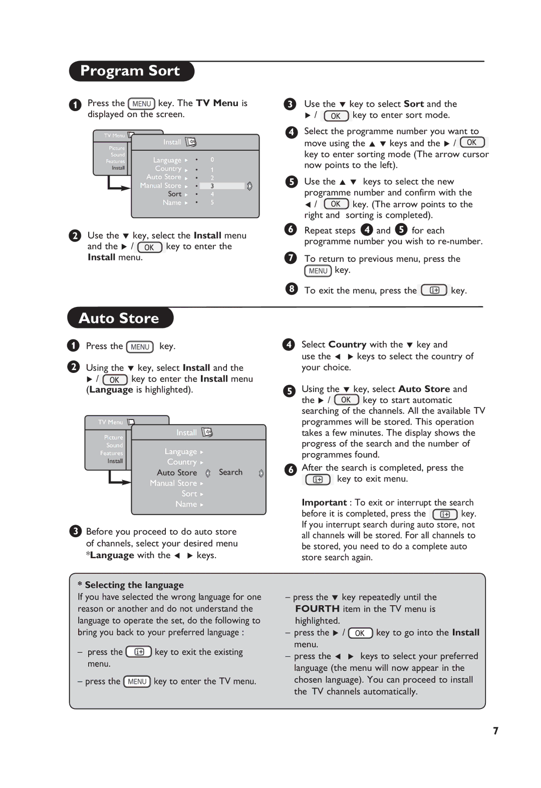 Philips 32PF4311S, 26PF4311S manual Program Sort, Auto Store, Install menu, Selecting the language 