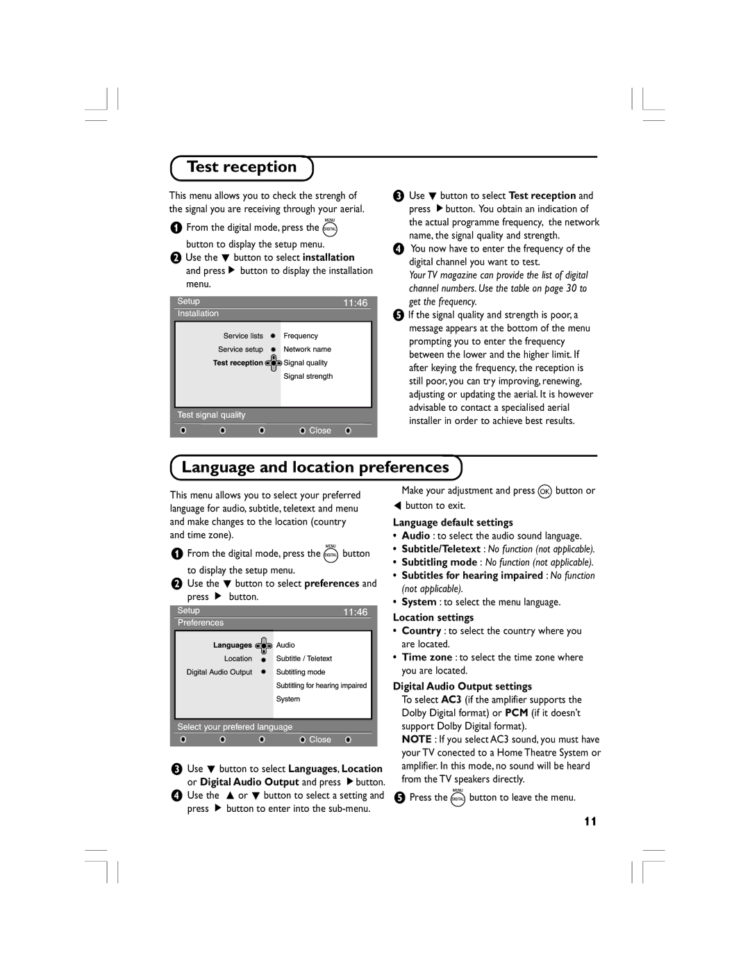 Philips 32PF5520D manual Test reception, Language and location preferences 