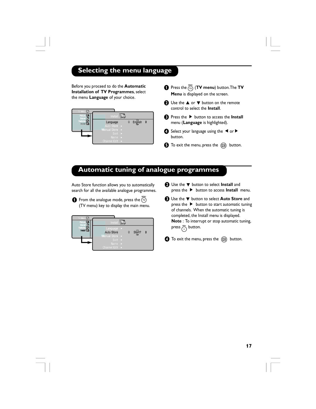 Philips 32PF5520D manual Selecting the menu language, Automatic tuning of analogue programmes 