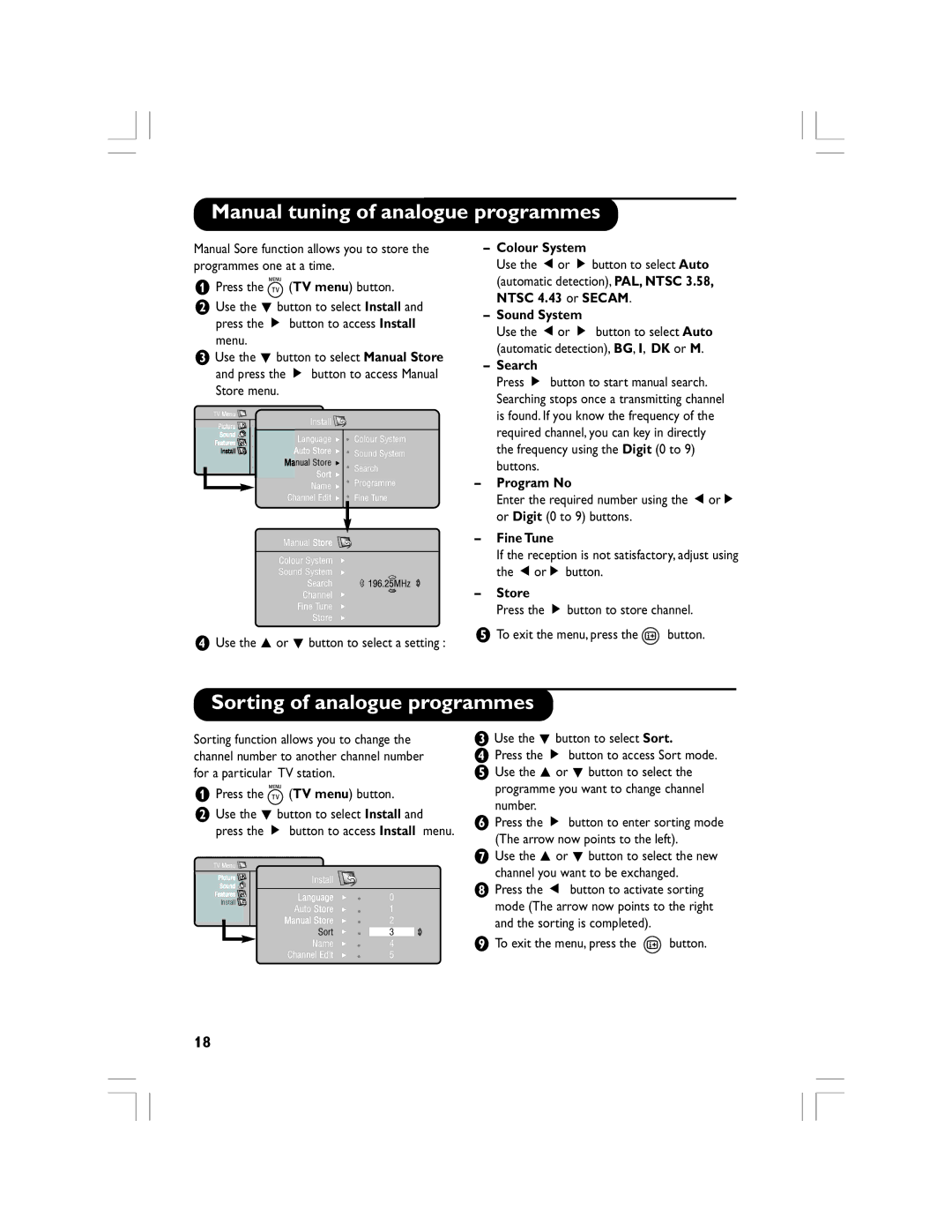 Philips 32PF5520D manual Manual tuning of analogue programmes, Sorting of analogue programmes 