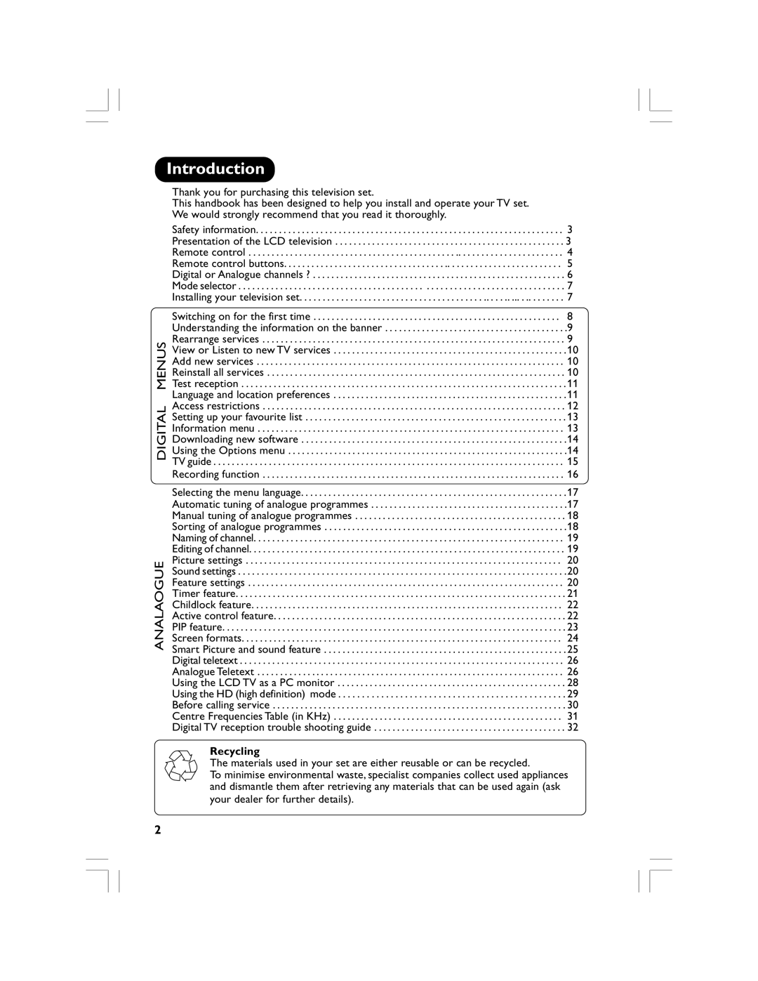 Philips 32PF5520D manual Introduction, Recording function, Recycling 