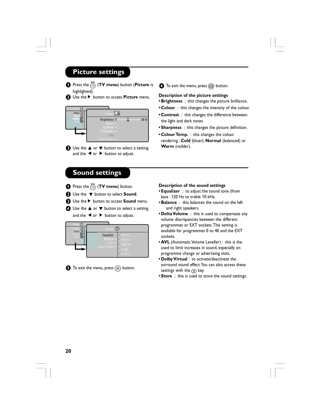 Philips 32PF5520D Picture settings, Sound settings, Description of the picture settings, Description of the sound settings 