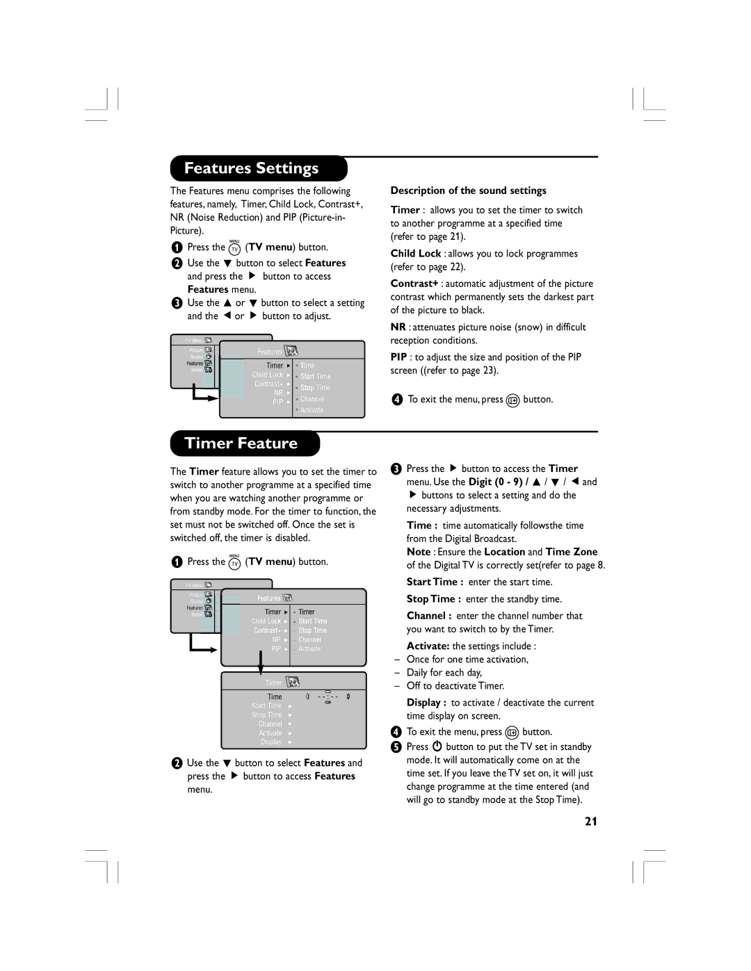 Philips 32PF5520D manual Features Settings, Timer Feature 