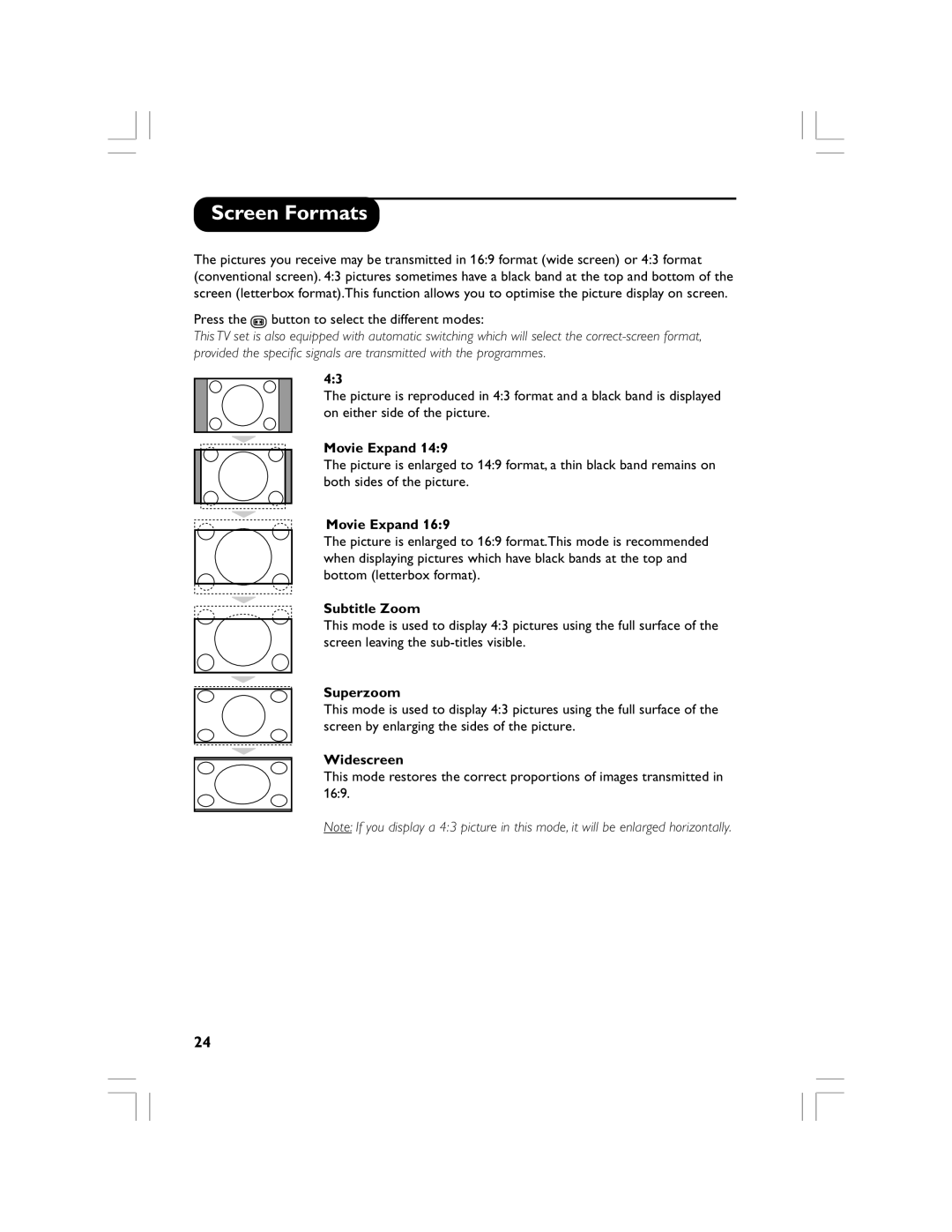 Philips 32PF5520D manual Screen Formats, Movie Expand, Subtitle Zoom, Superzoom, Widescreen 