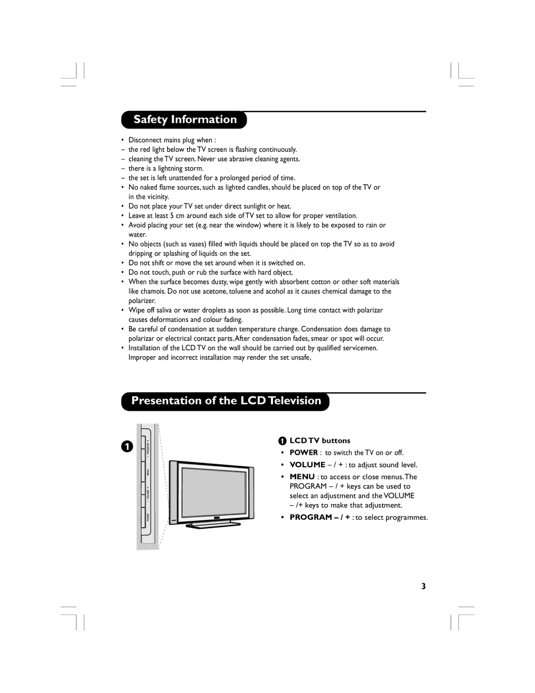 Philips 32PF5520D manual Safety Information, Presentation of the LCD Television, LCD TV buttons 