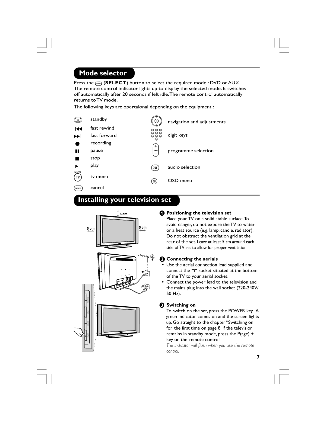 Philips 32PF5520D Mode selector, Installing your television set, Positioning the television set, ÉConnecting the aerials 