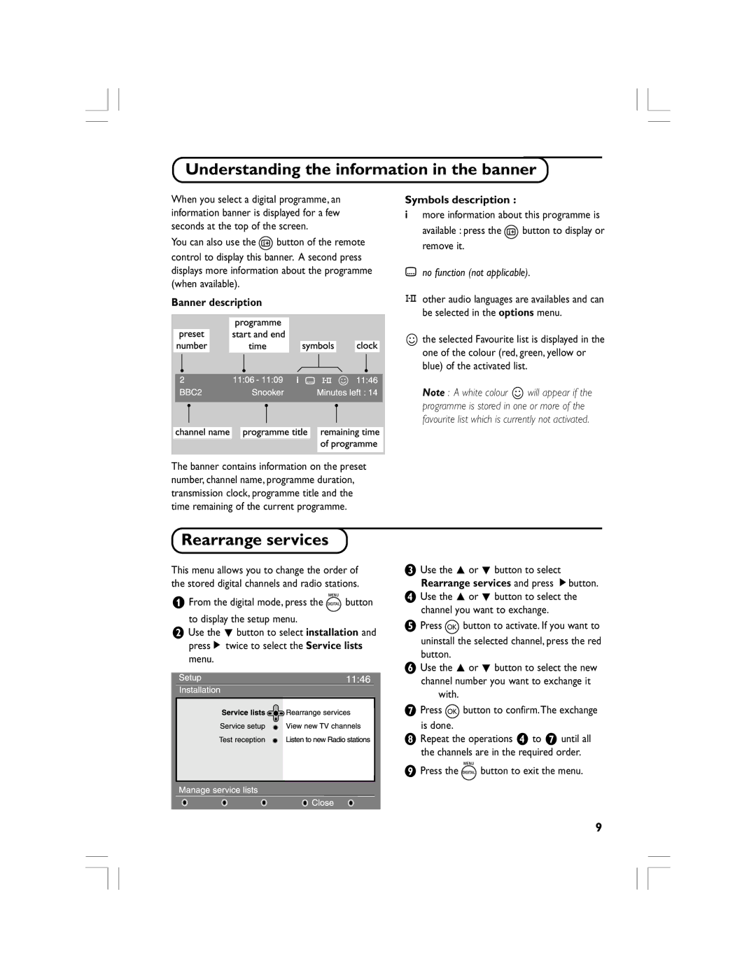 Philips 32PF5520D Understanding the information in the banner, Rearrange services, Banner description, Symbols description 