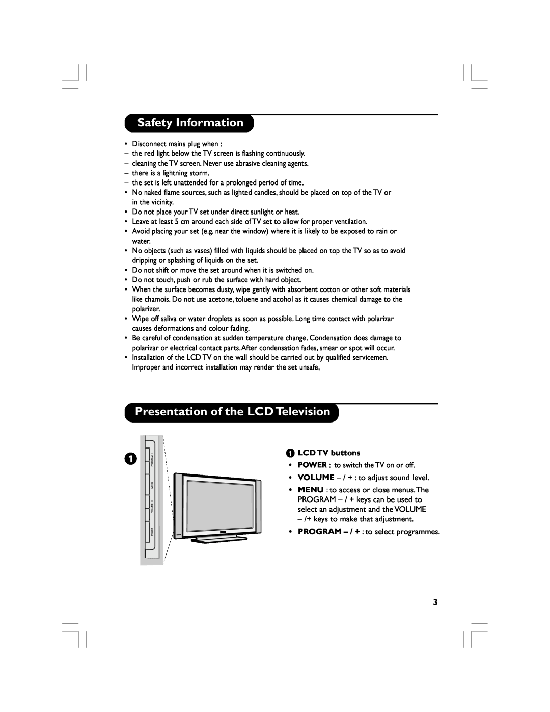 Philips 32PF5520D manual Safety Information, Presentation of the LCD Television, LCD TV buttons 