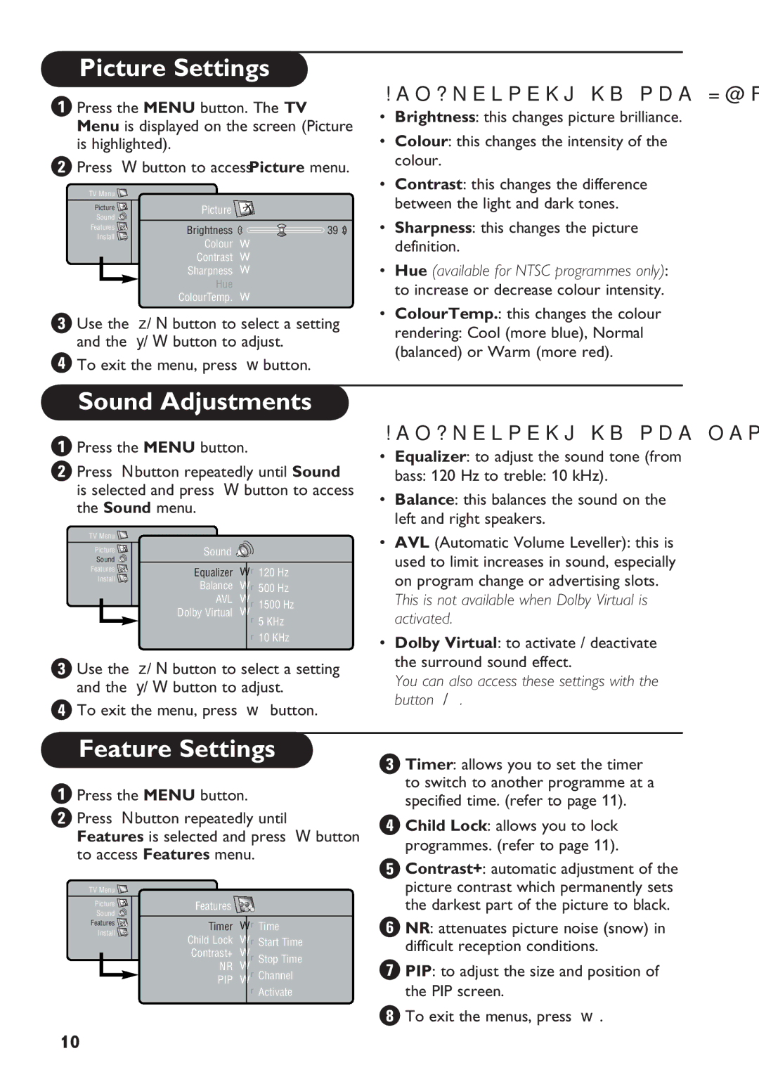 Philips 32PF7320 manual Picture Settings, Sound Adjustments, Feature Settings, Description of the adjustments 