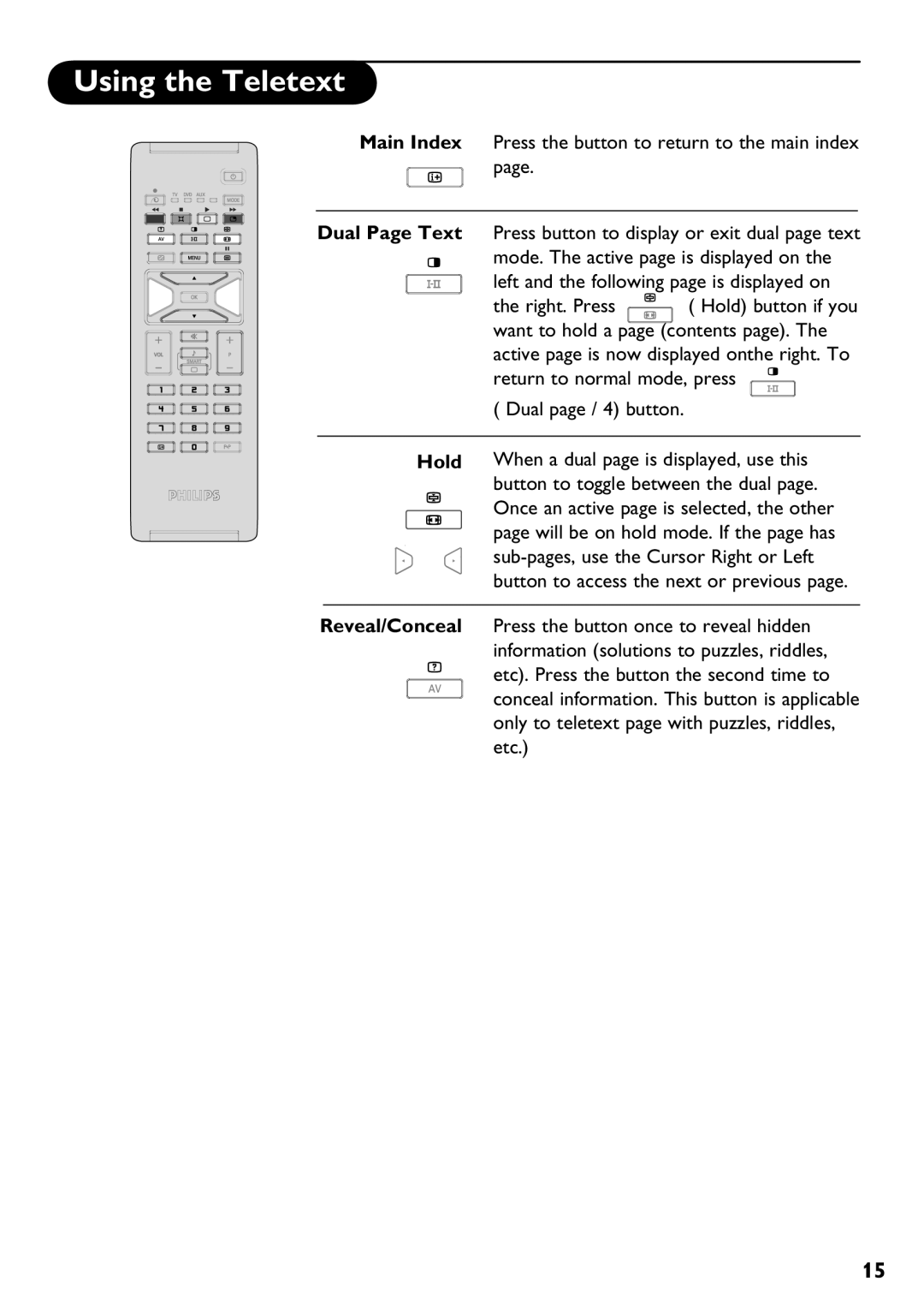 Philips 32PF7320 manual Dual Page Text, Hold, Reveal/Conceal 