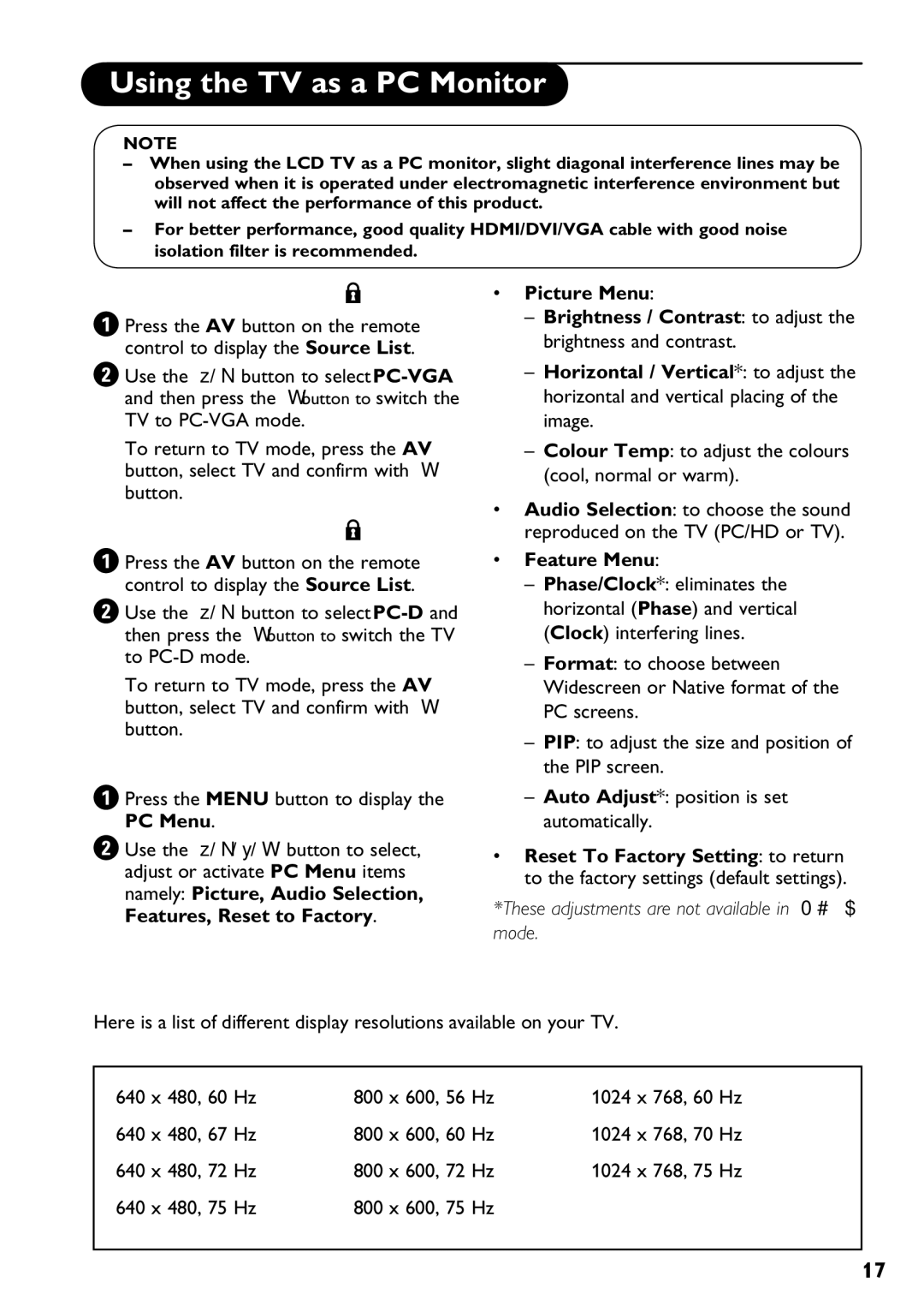 Philips 32PF7320 manual Using the TV as a PC Monitor, Choosing PC-VGA mode, Choosing PC-D mode, Using the PC menus 