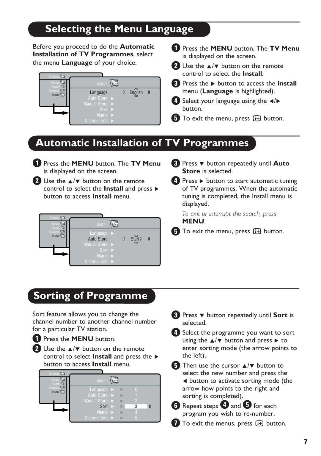 Philips 32PF7320 manual Selecting the Menu Language, Automatic Installation of TV Programmes, Sorting of Programme 