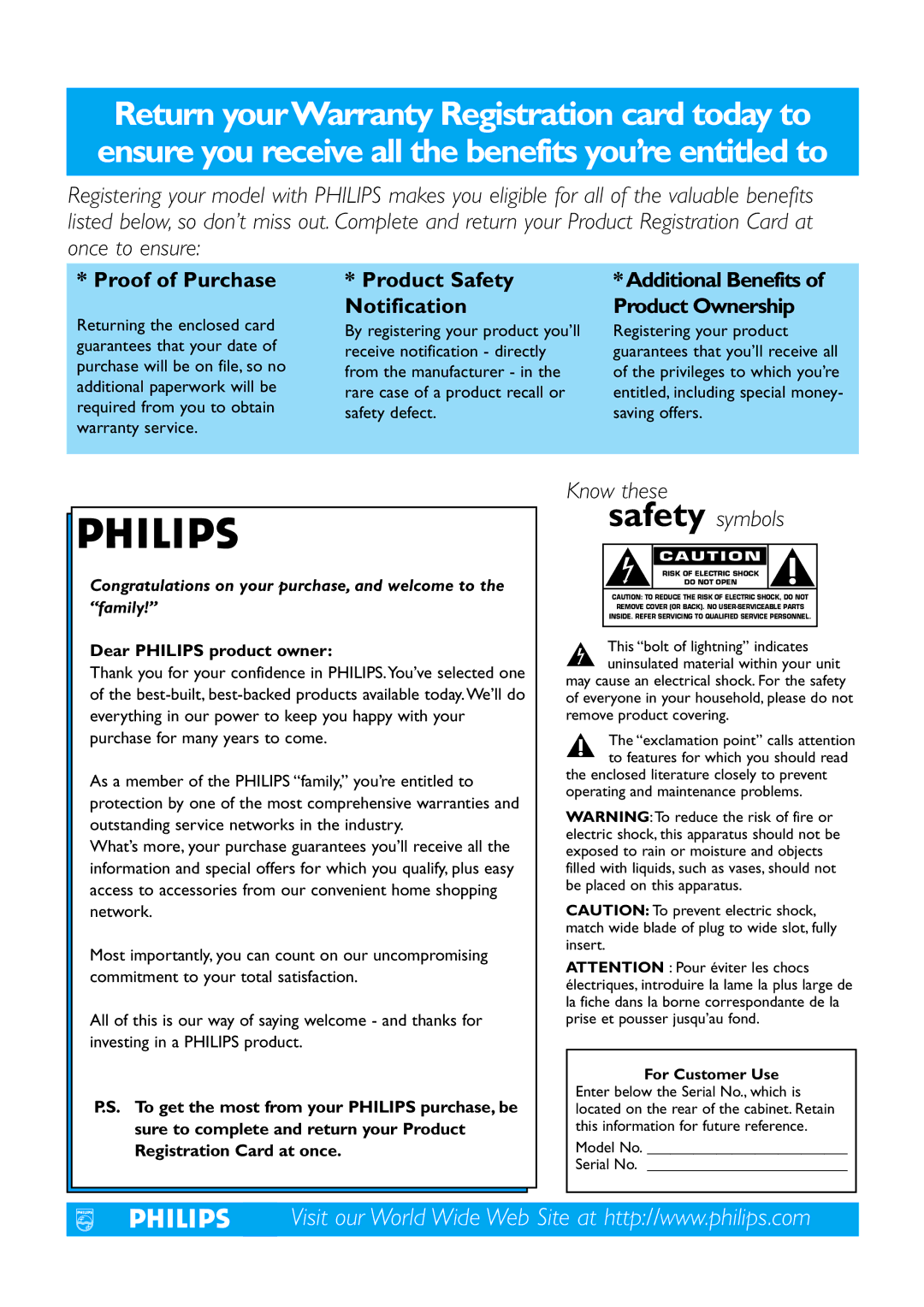 Philips 32PF7320A warranty Notification Product Ownership, Dear Philips product owner 