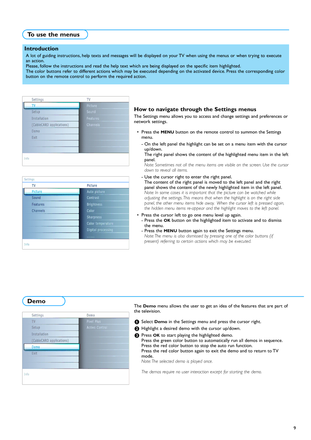 Philips 32PF7320A warranty To use the menus, Demo, Introduction, How to navigate through the Settings menus 