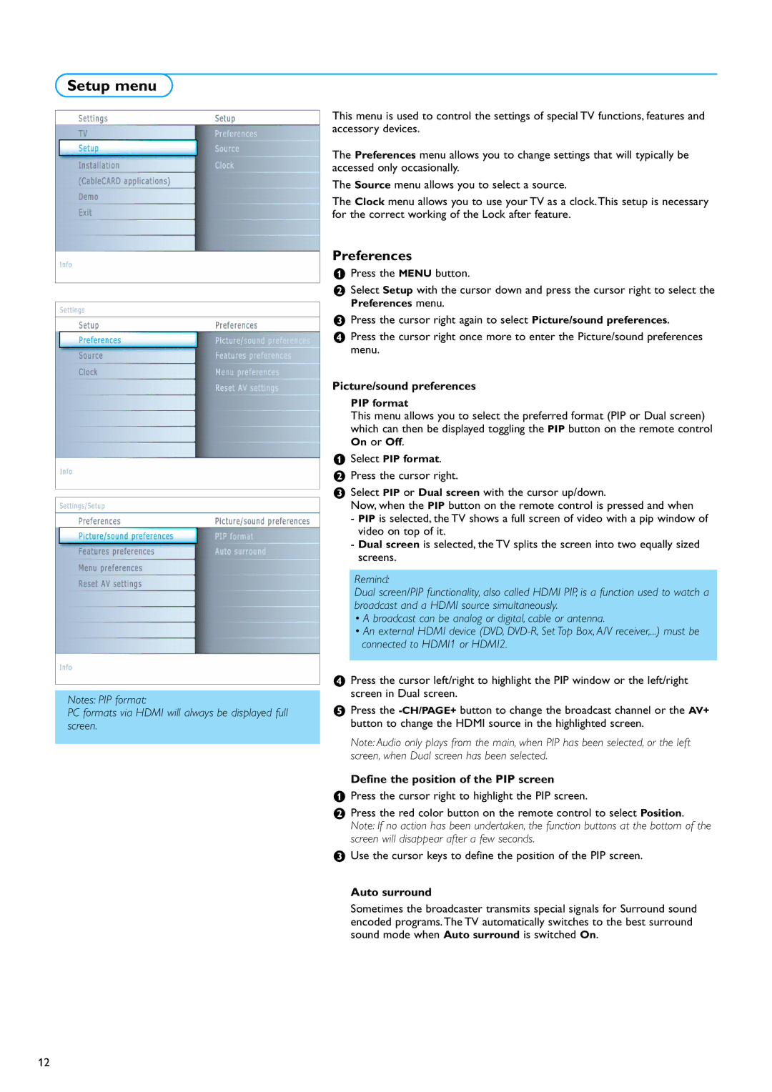 Philips 32PF7320A Setup menu, Preferences, Picture/sound preferences, Define the position of the PIP screen, Auto surround 