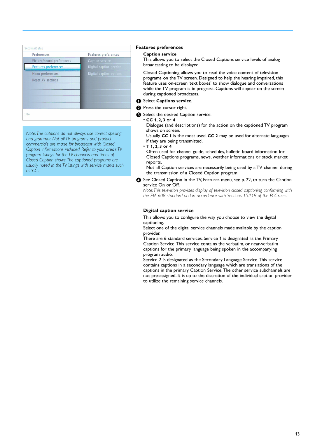 Philips 32PF7320A Features preferences, Press the cursor right Select the desired Caption service, Digital caption service 