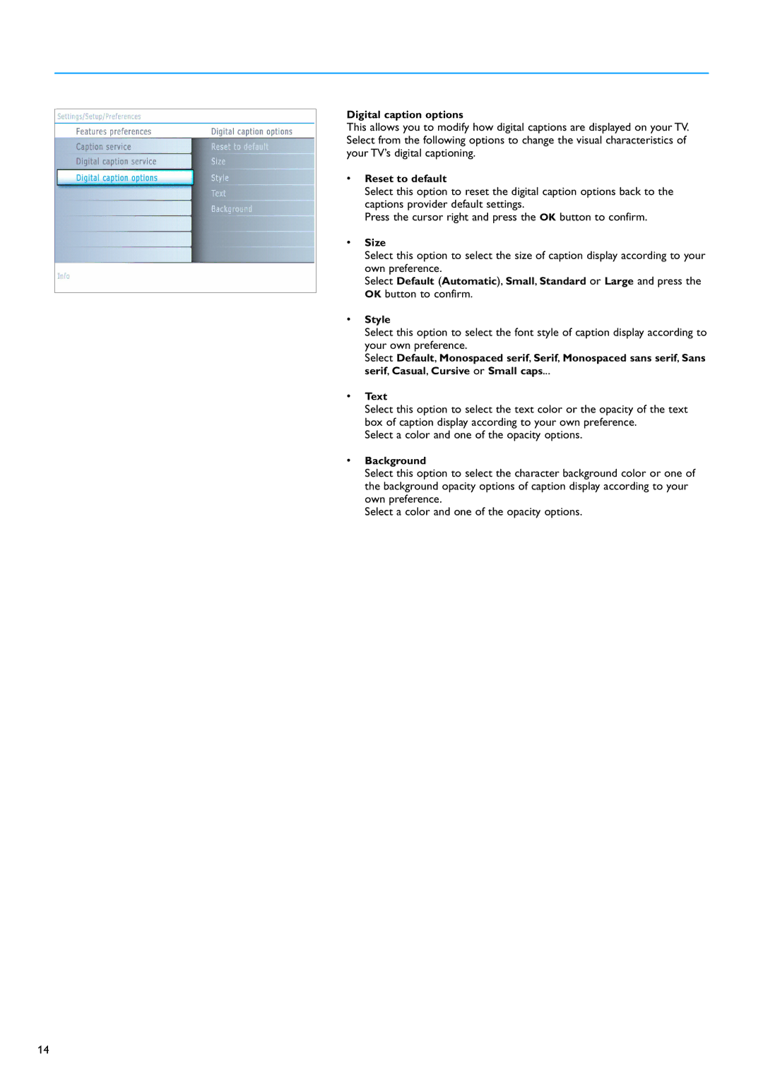 Philips 32PF7320A warranty Digital caption options 