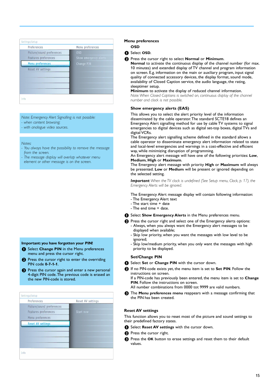 Philips 32PF7320A warranty Menu preferences, Show emergency alerts EAS, Set/Change PIN, Reset AV settings 