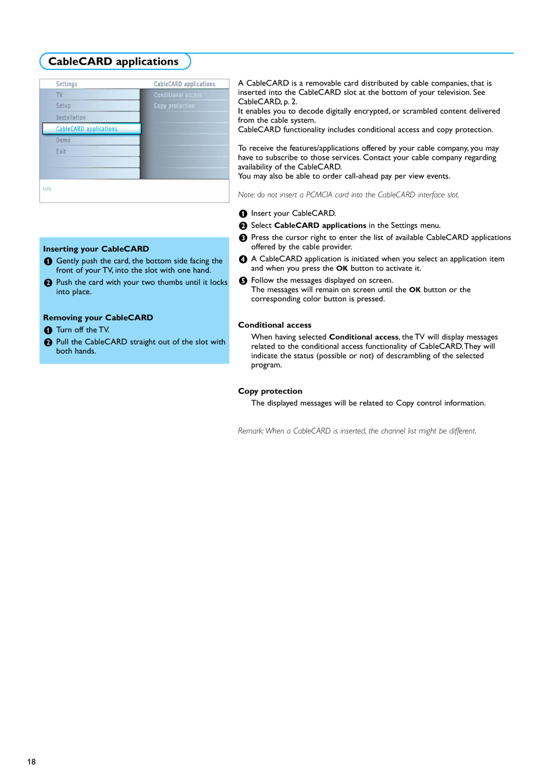 Philips 32PF7320A warranty CableCARD applications, Inserting your CableCARD, Removing your CableCARD, Conditional access 