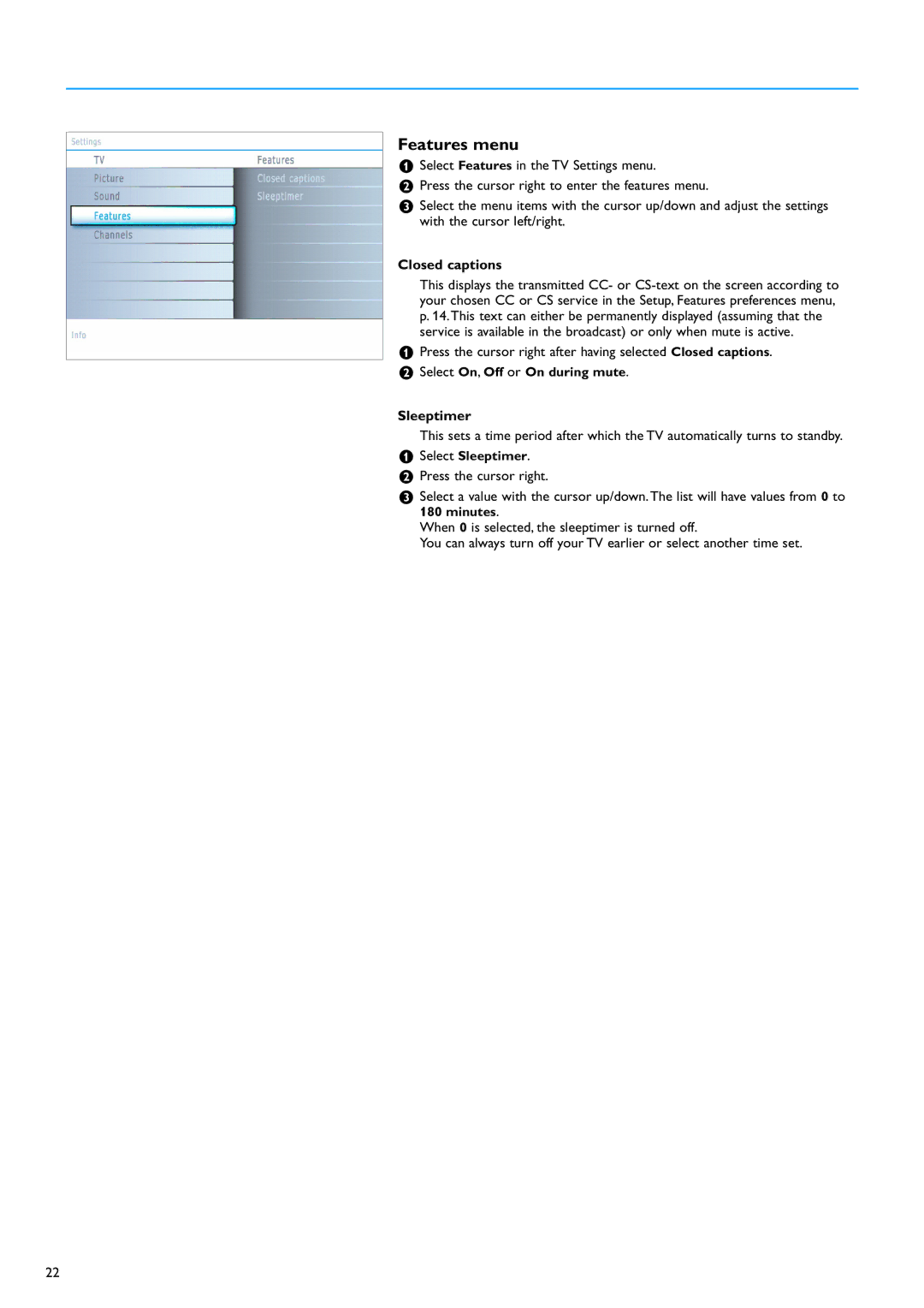 Philips 32PF7320A warranty Features menu, Closed captions, Sleeptimer 