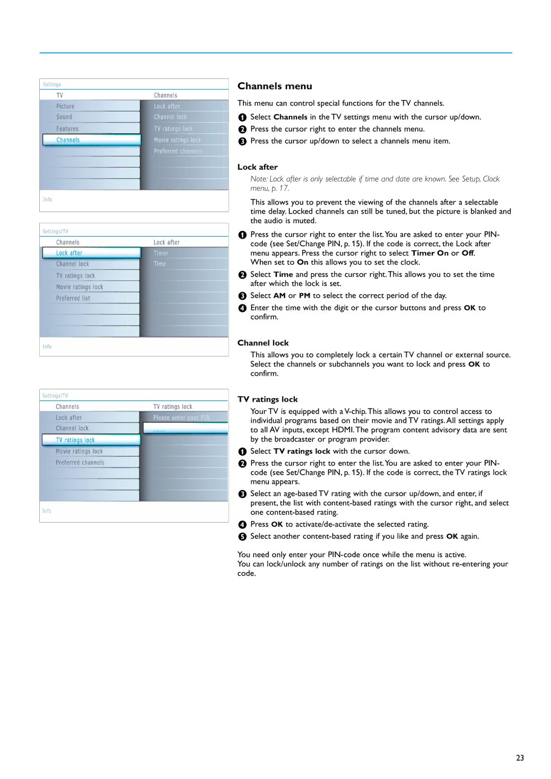 Philips 32PF7320A warranty Channels menu, Lock after, Channel lock, TV ratings lock 