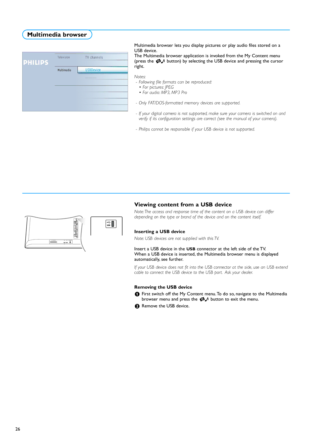 Philips 32PF7320A Multimedia browser, Viewing content from a USB device, Inserting a USB device, Removing the USB device 