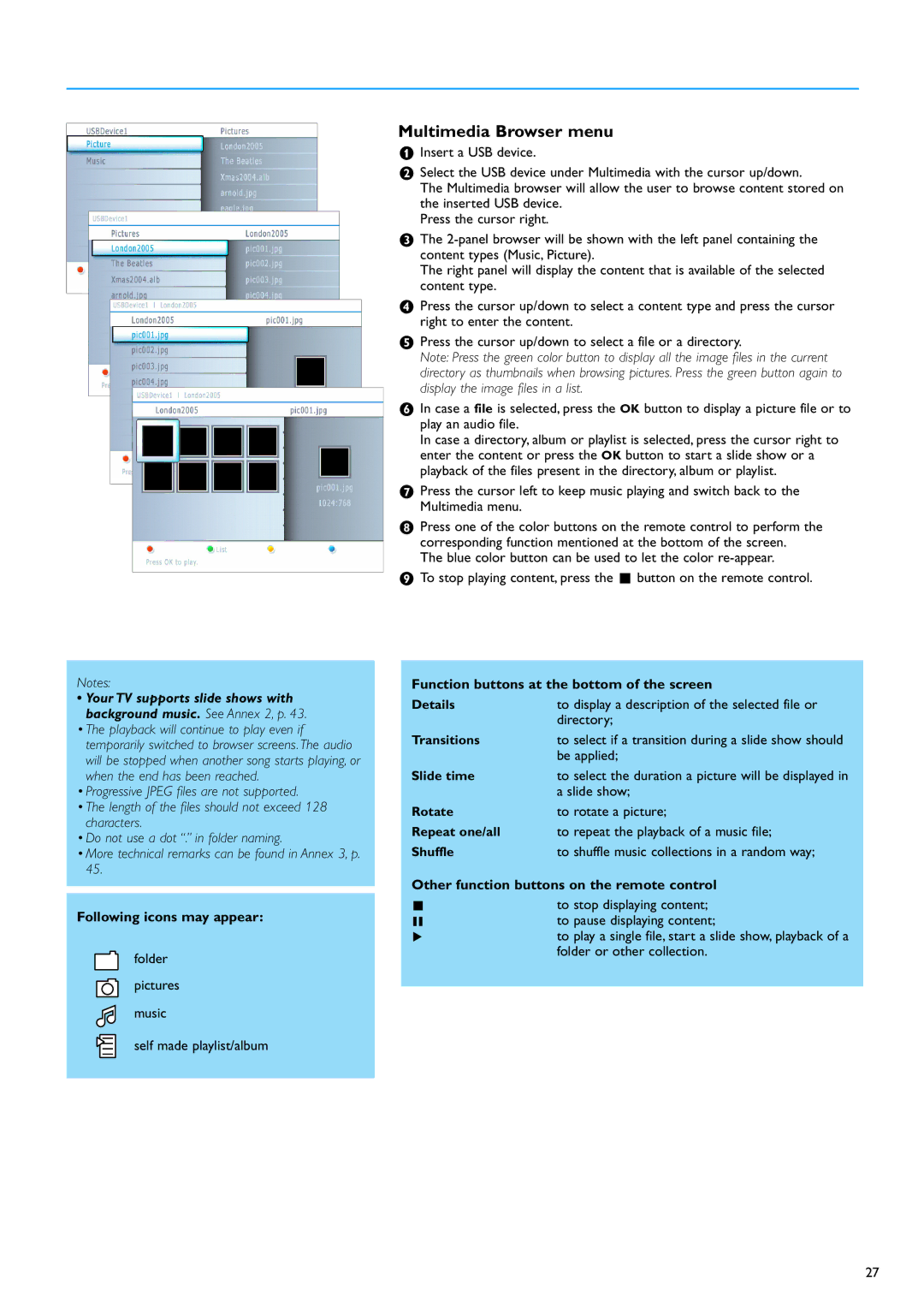 Philips 32PF7320A Multimedia Browser menu, Following icons may appear, Function buttons at the bottom of the screen 