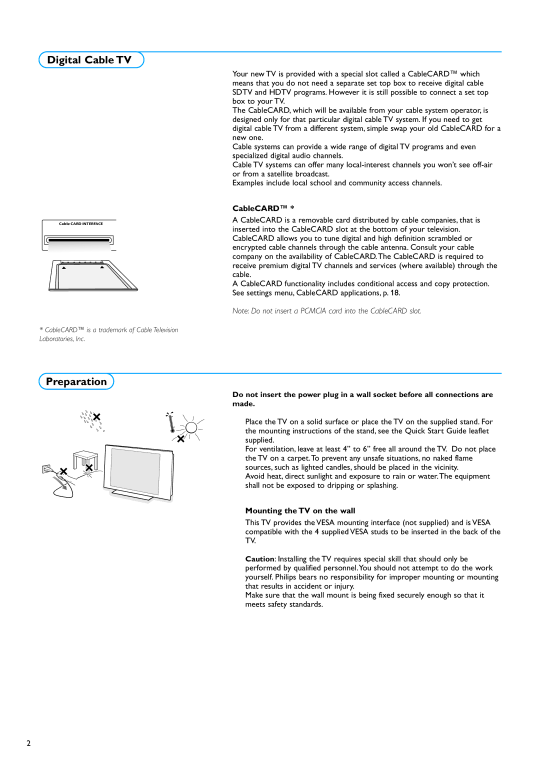 Philips 32PF7320A warranty Digital Cable TV, Preparation, CableCARD, Mounting the TV on the wall 