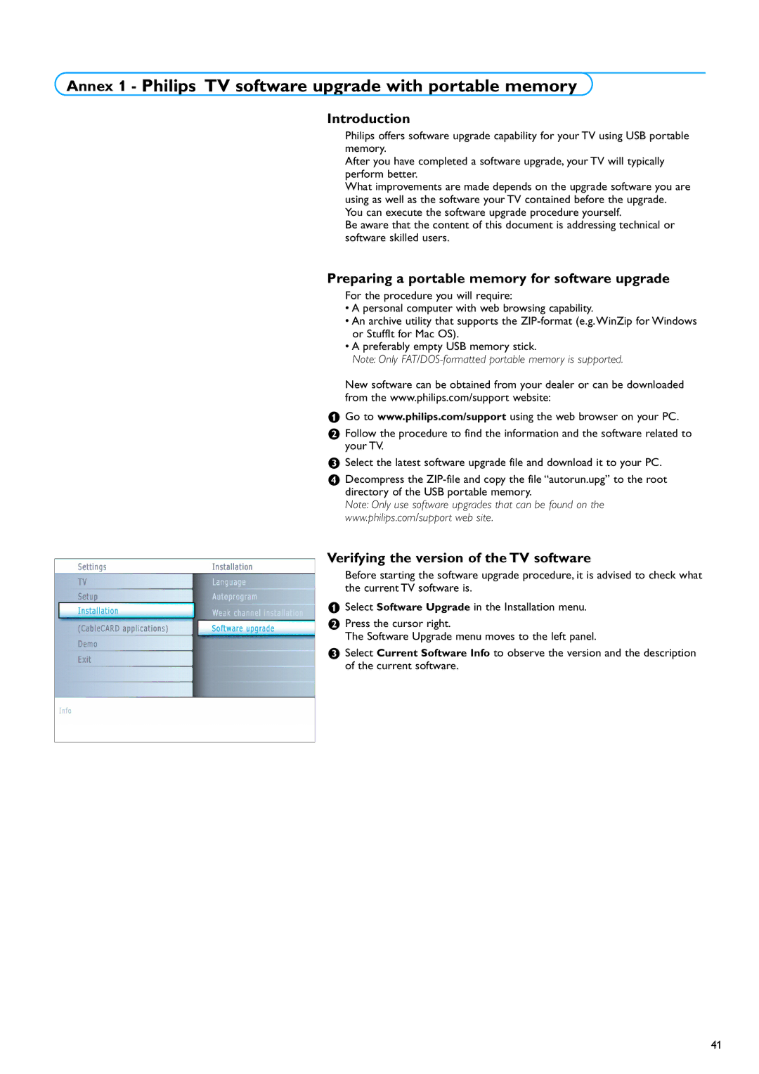 Philips 32PF7320A warranty Preparing a portable memory for software upgrade, Verifying the version of the TV software 