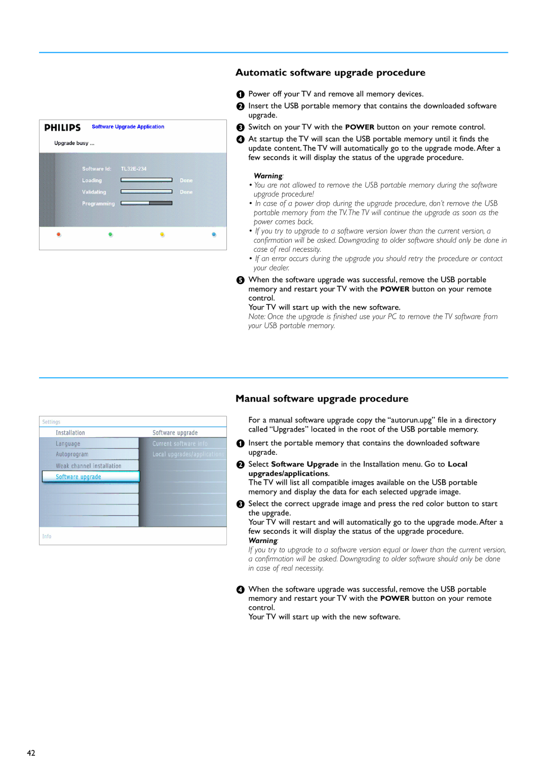 Philips 32PF7320A warranty Automatic software upgrade procedure, Manual software upgrade procedure 