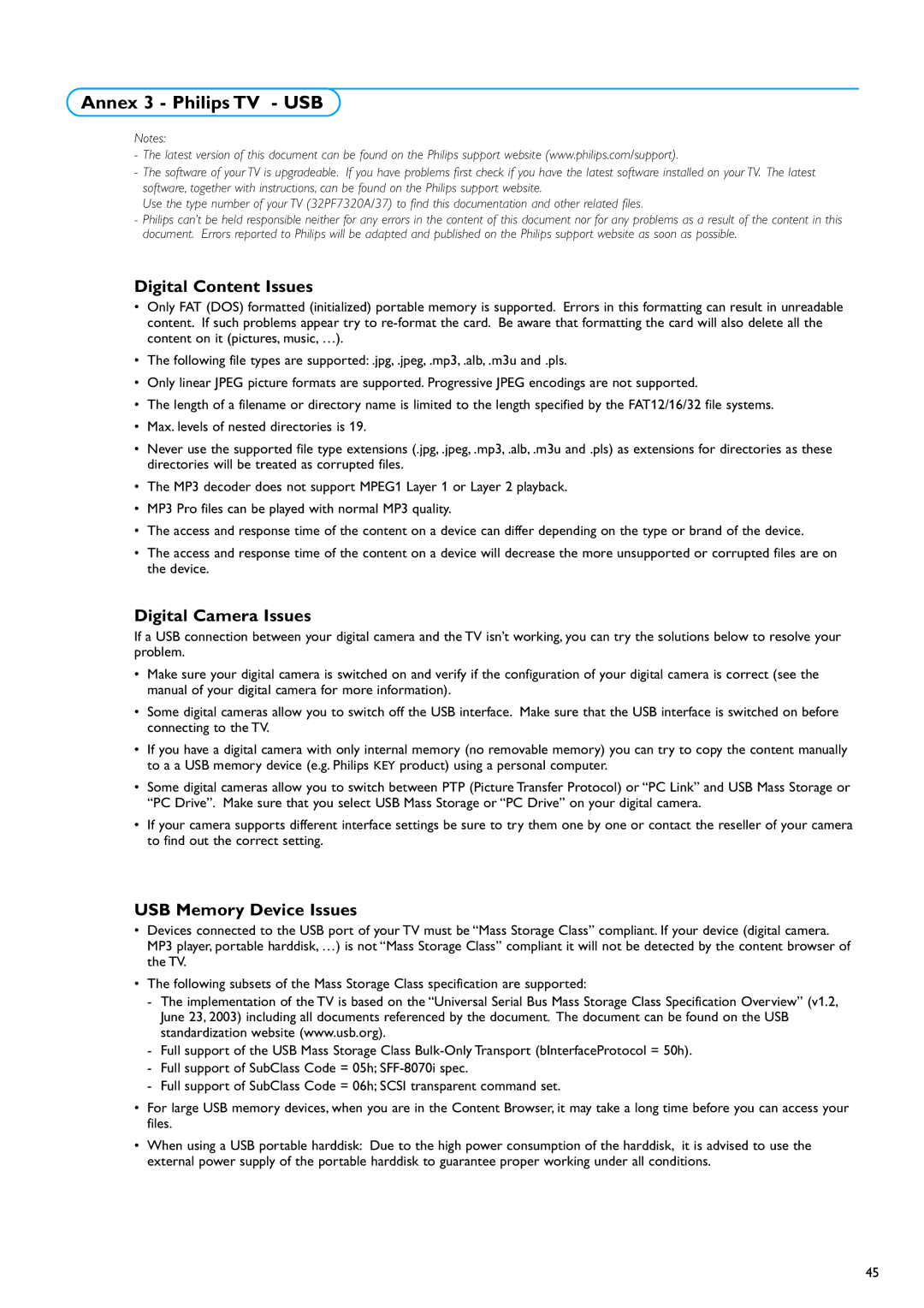 Philips 32PF7320A warranty Annex 3 Philips TV USB, Digital Content Issues, Digital Camera Issues, USB Memory Device Issues 