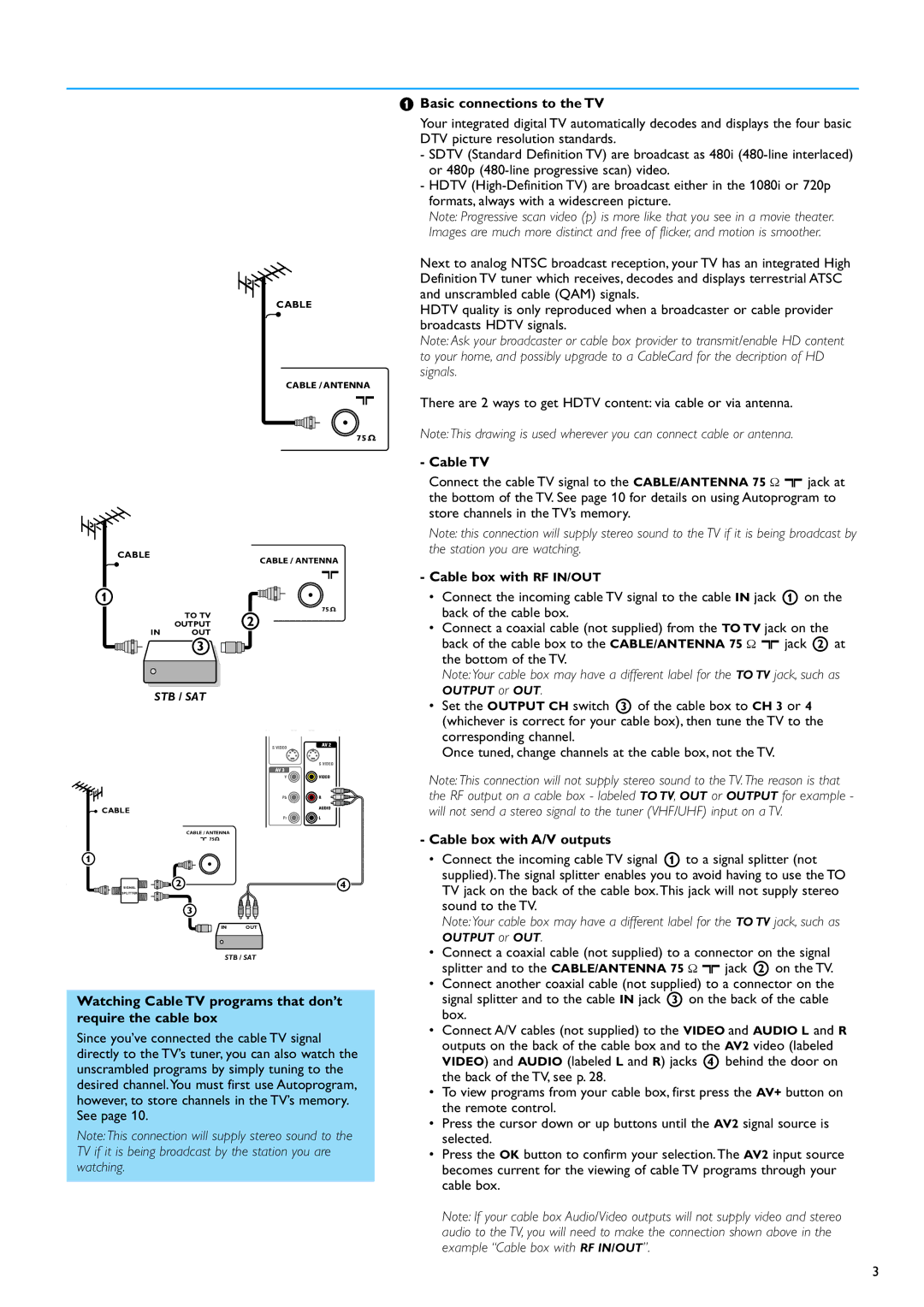 Philips 32PF7320A warranty Watching Cable TV programs that don’t require the cable box, Basic connections to the TV 