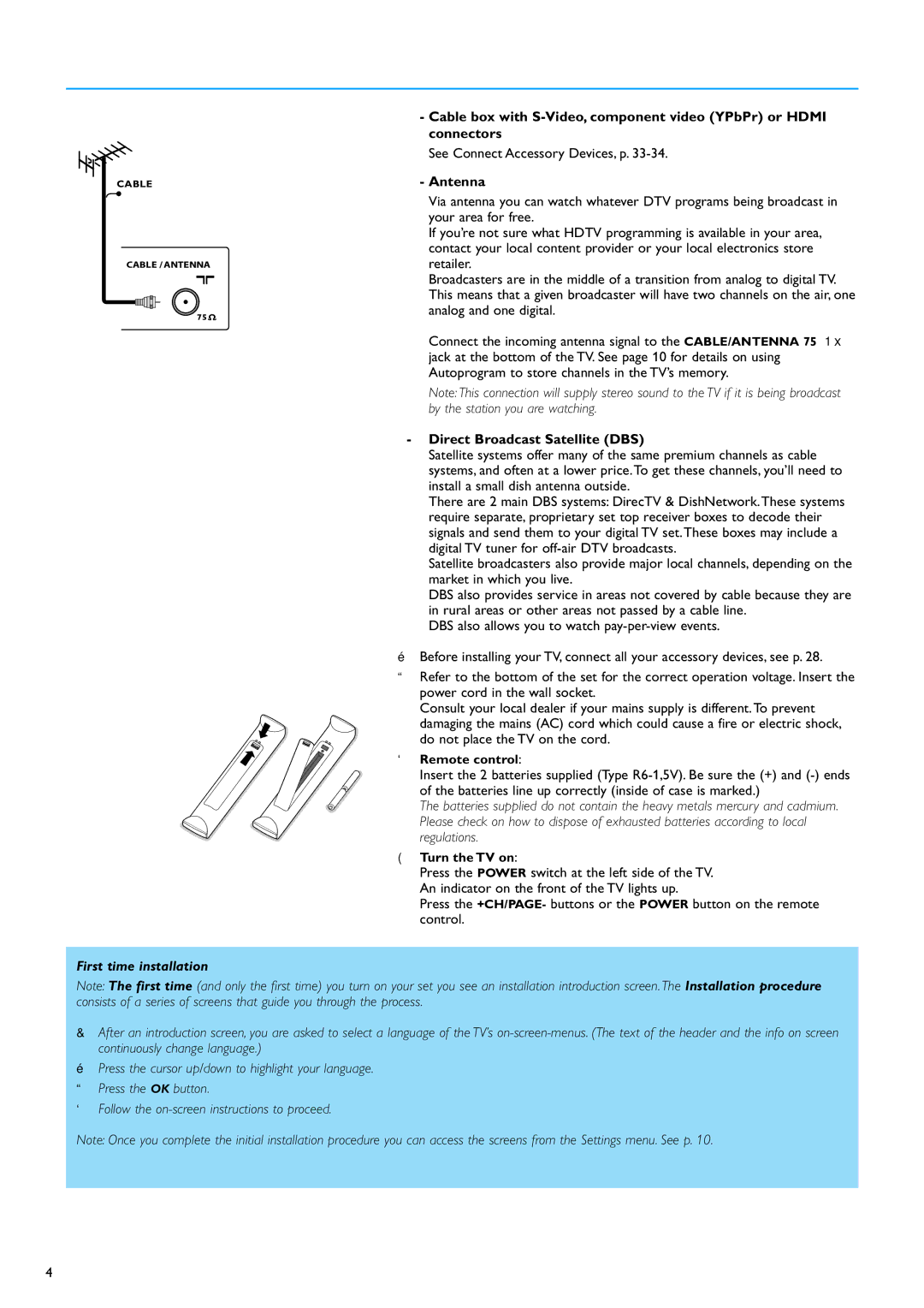 Philips 32PF7320A warranty See Connect Accessory Devices, p, Antenna, Direct Broadcast Satellite DBS 