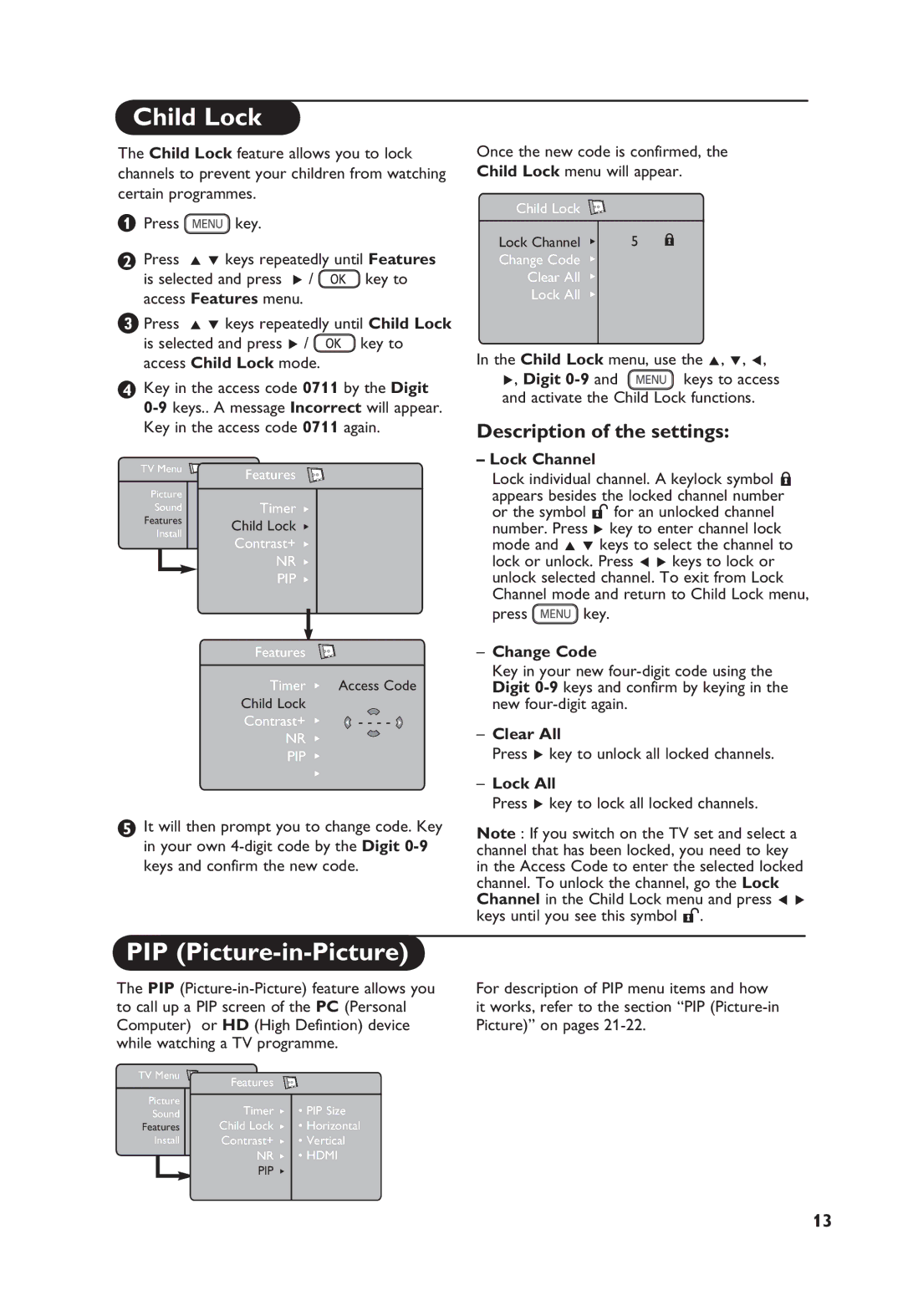 Philips 32PF7321, 37PF7321 manual Child Lock, PIP Picture-in-Picture 