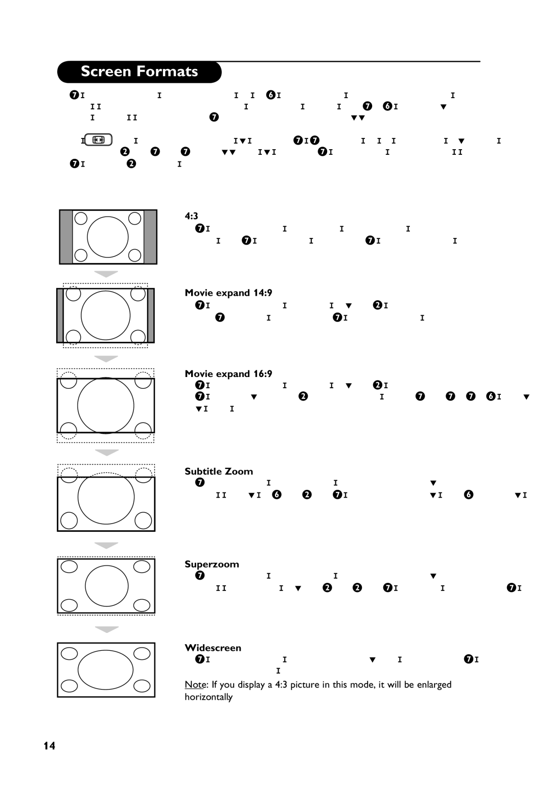 Philips 37PF7321, 32PF7321 manual Screen Formats, Movie expand, Subtitle Zoom, Superzoom, Widescreen 