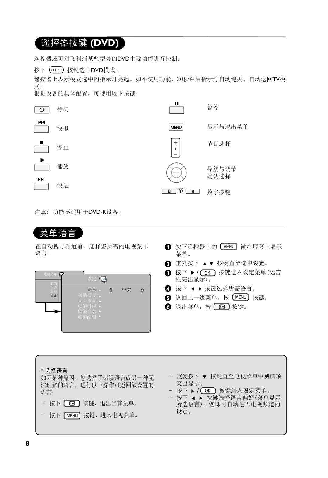 Philips 37PF7321, 32PF7321 manual 遥控器按键 Dvd, 菜单语言 