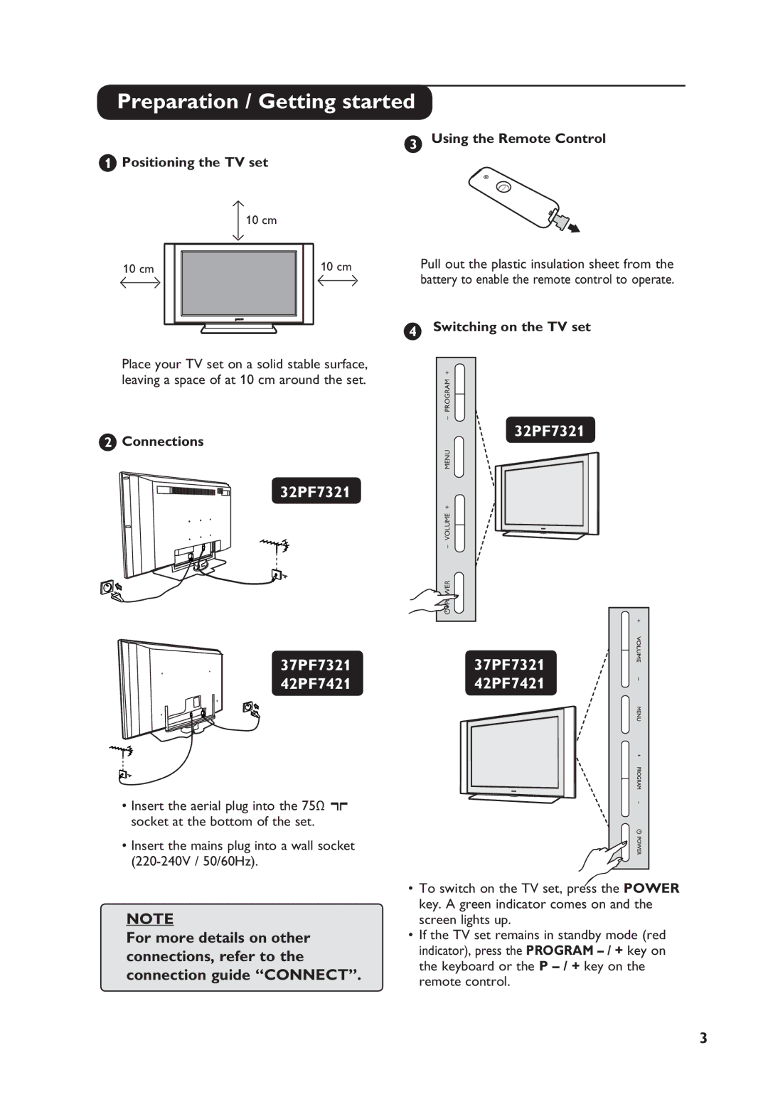 Philips 32PF7321, 37PF7321 Preparation / Getting started, Positioning the TV set, Connections, Using the Remote Control 