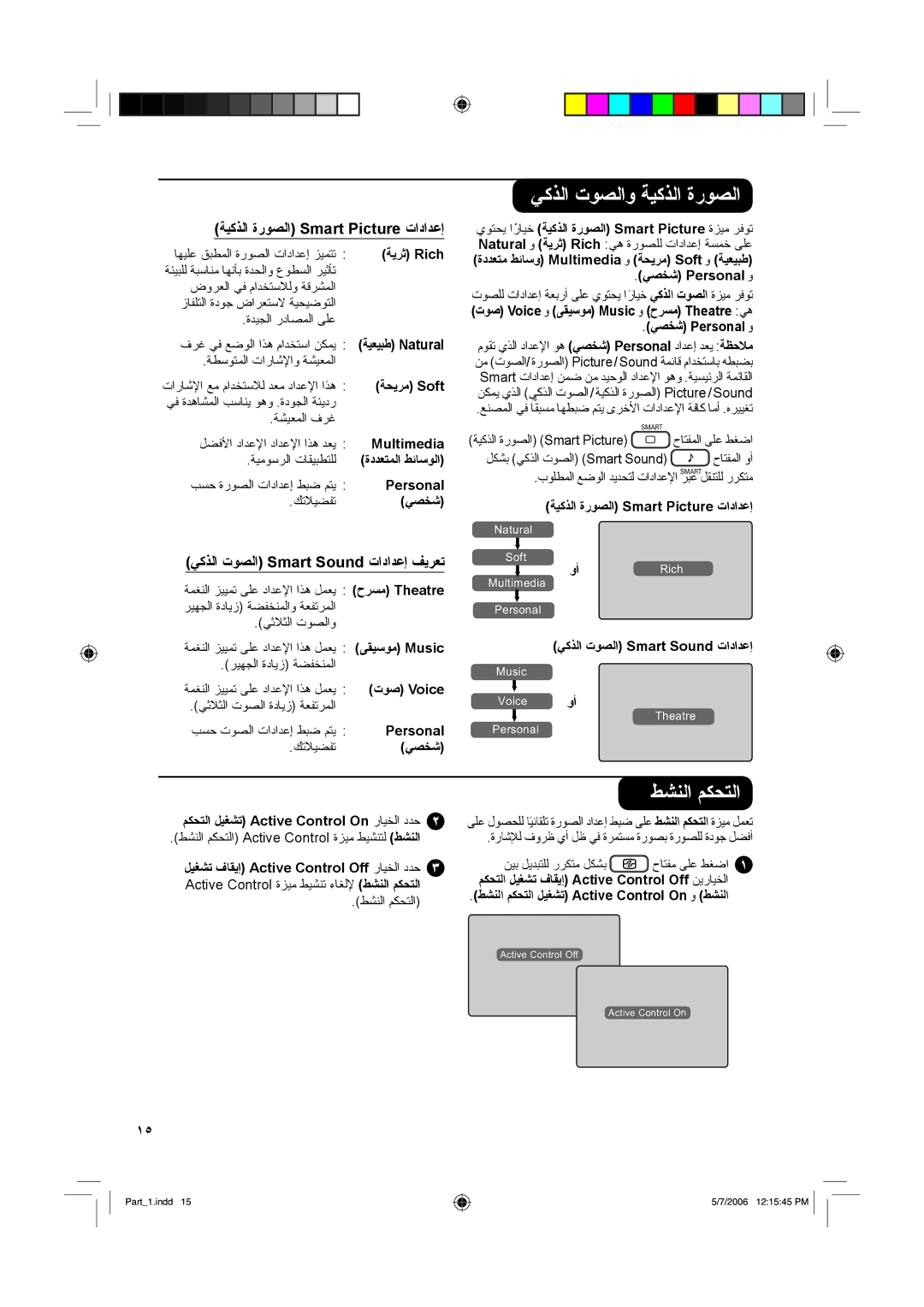 Philips 32PF7321, 37PF7321 manual ﻲﻛﺬﻟا تﻮﺼﻟاو ﺔﻴﻛﺬﻟا ةرﻮﺼﻟا, ﻂﺸﻨﻟا ﻢﻜﺤﺘﻟا, ﺔﻴﻛﺬﻟا ةرﻮﺼﻟا Smart Picture تاداﺪﻋإ 