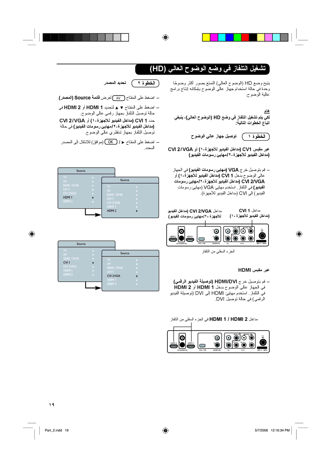 Philips 32PF7321, 37PF7321 manual Hd ﻲﻟﺎﻌﻟا حﻮﺿﻮﻟا ﻊﺿو ﻲﻓ زﺎﻔﻠﺘﻟا ﻞﻴﻐﺸﺗ, حﻮﺿﻮﻟا ﻲﻟﺎﻋ زﺎﻬﺟ ﻞﻴﺻﻮﺗ, Hdmi 1 / Hdmi 2 ﻞﺧ 