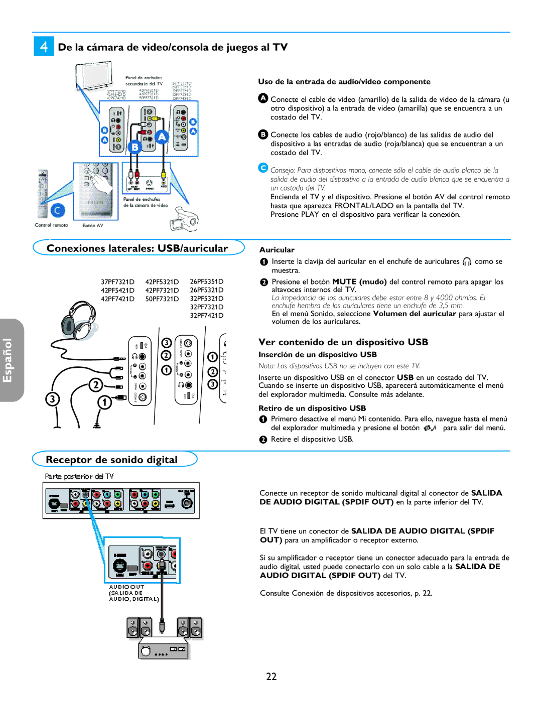 Philips 42PF5321D/85, 32PF7421D/37 De la cámara de video/consola de juegos al TV, Conexiones laterales USB/auricular 