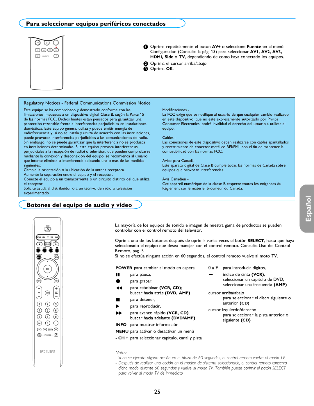 Philips 26PF5351D/37, 32PF7421D/37 Para seleccionar equipos periféricos conectados, Botones del equipo de audio y video 