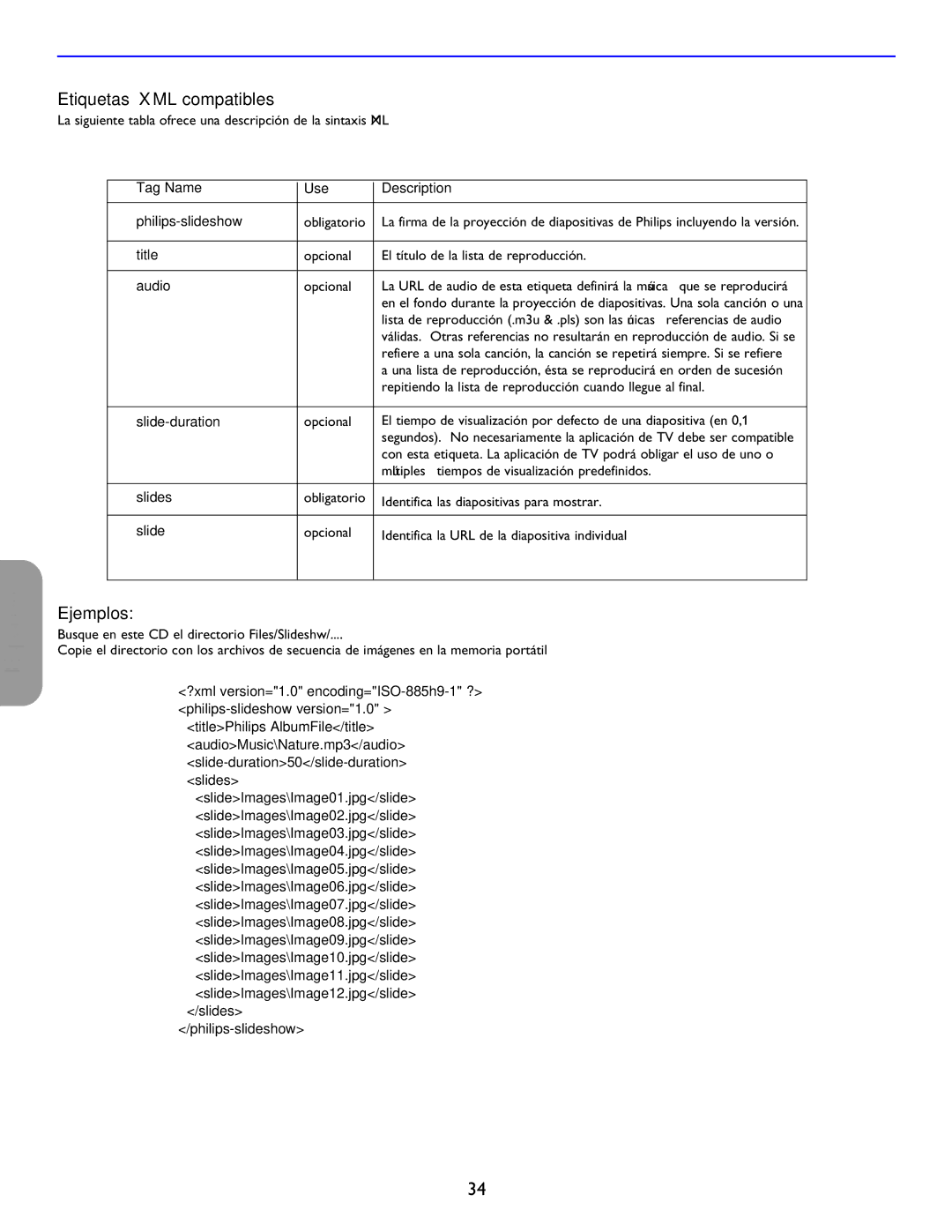 Philips 42PF5321D/85, 32PF7421D/37, 26PF5351D/37, 42PF5421D/37 user manual Etiquetas XML compatibles, Ejemplos 