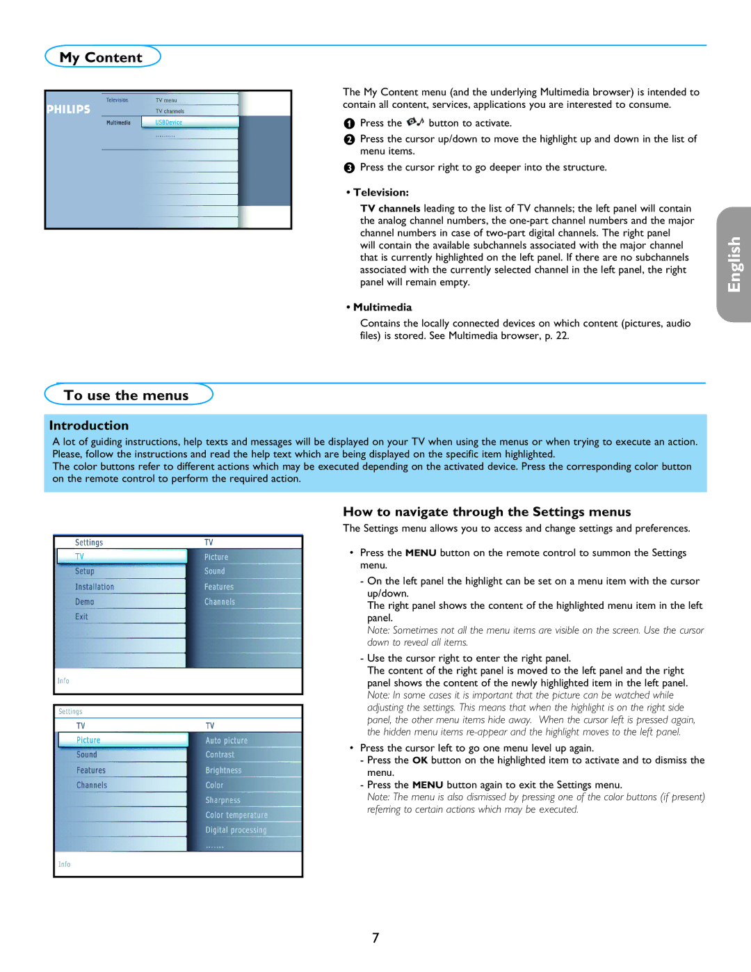 Philips 42PF5421D/37, 32PF7421D/37 My Content, To use the menus, Introduction, How to navigate through the Settings menus 