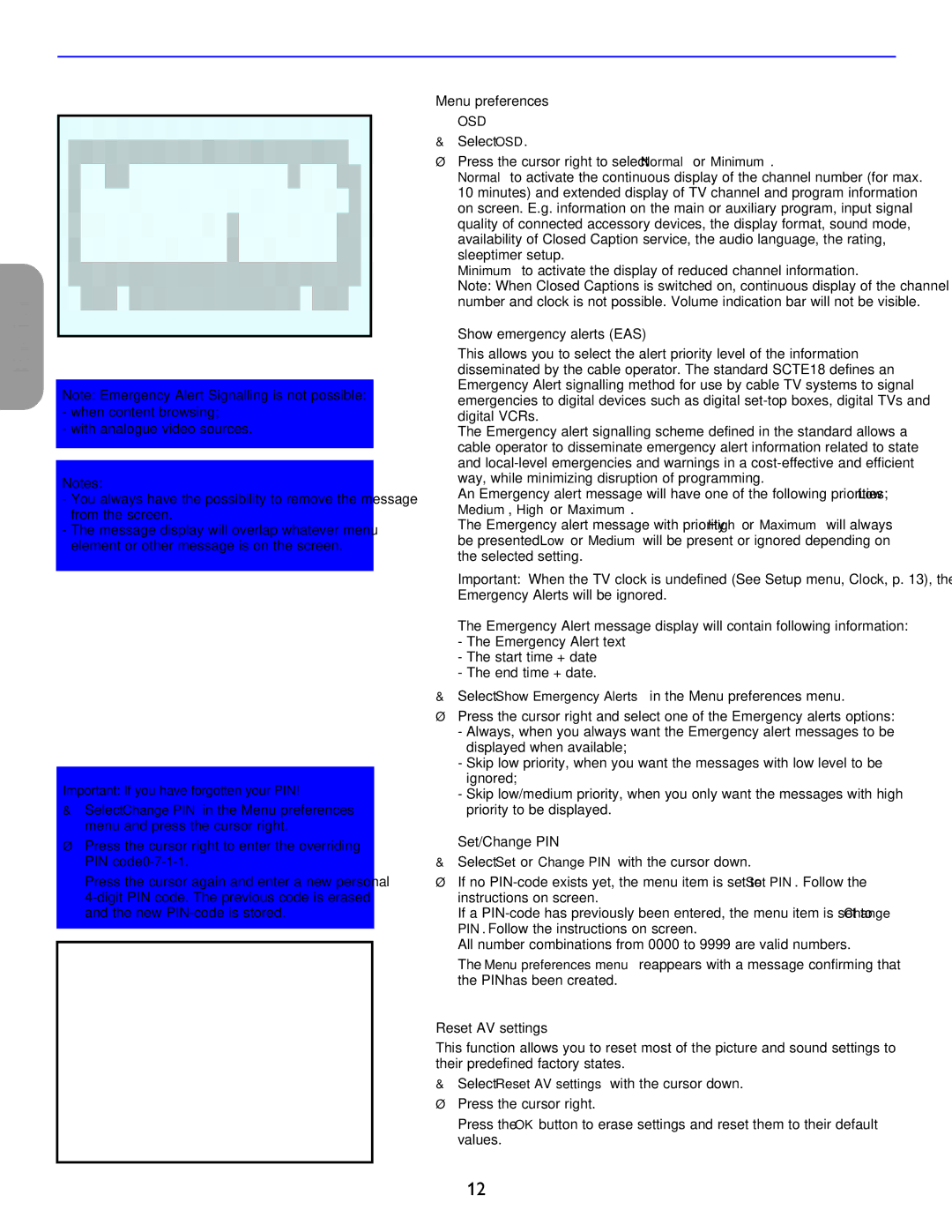 Philips 32PF7421D/37, 26PF5351D/37 Menu preferences, Show emergency alerts EAS, Set/Change PIN, Reset AV settings 