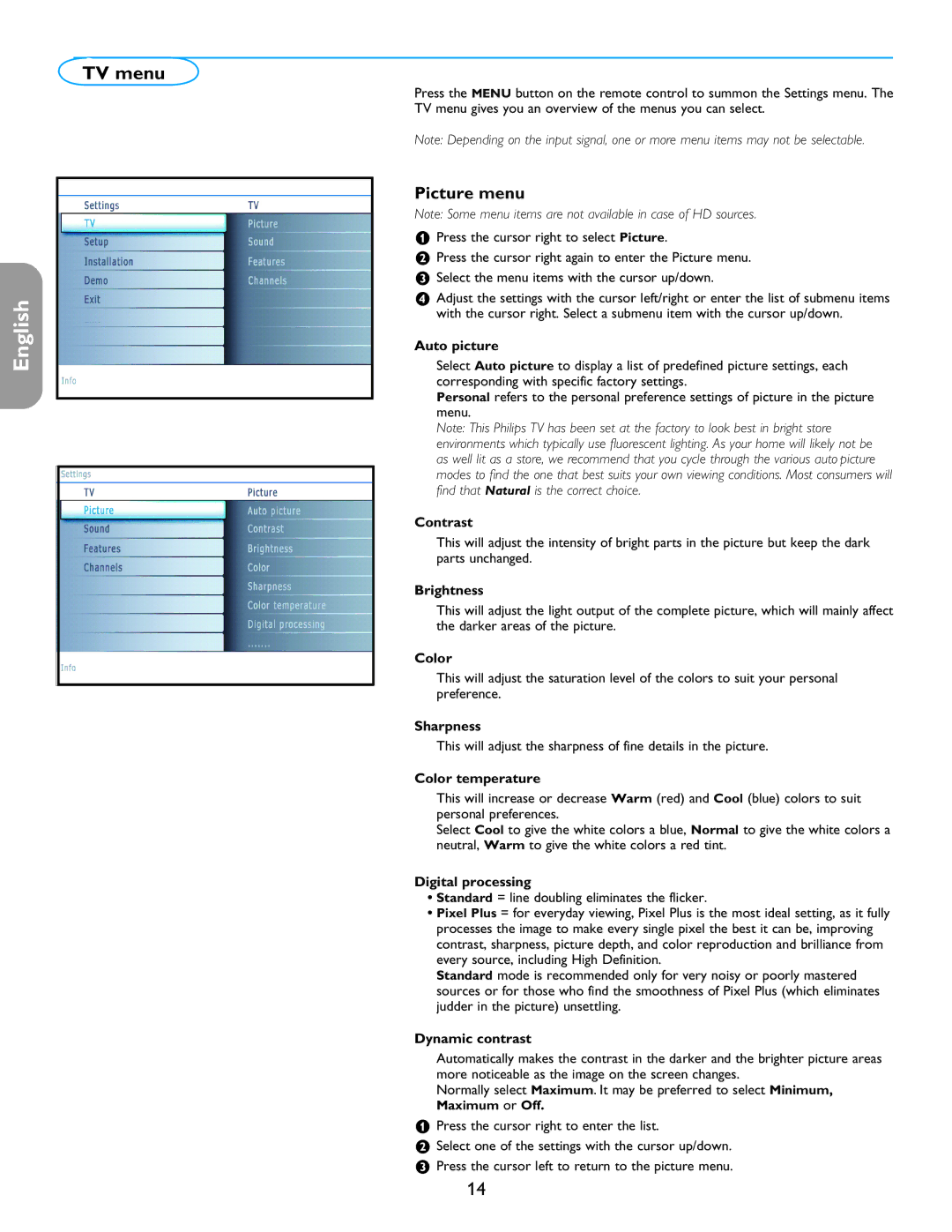 Philips 42PF5321D/85, 32PF7421D/37, 26PF5351D/37, 42PF5421D/37 user manual TV menu, Picture menu 