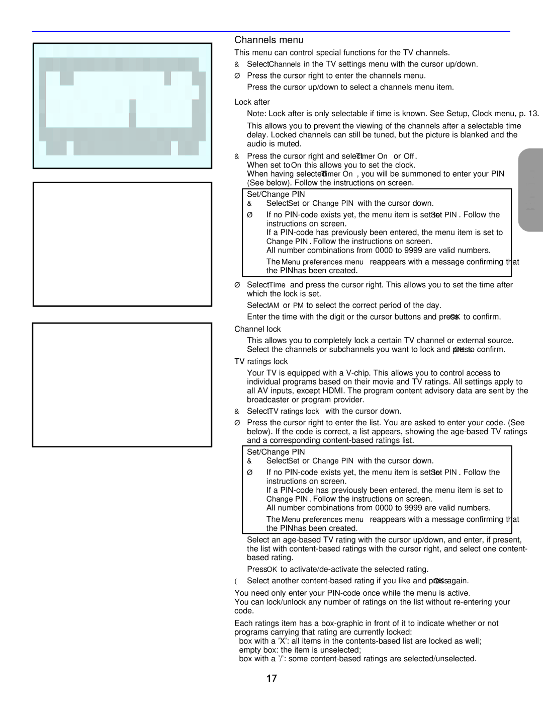 Philips 26PF5351D/37, 32PF7421D/37, 42PF5321D/85, 42PF5421D/37 Channels menu, Lock after, Channel lock, TV ratings lock 