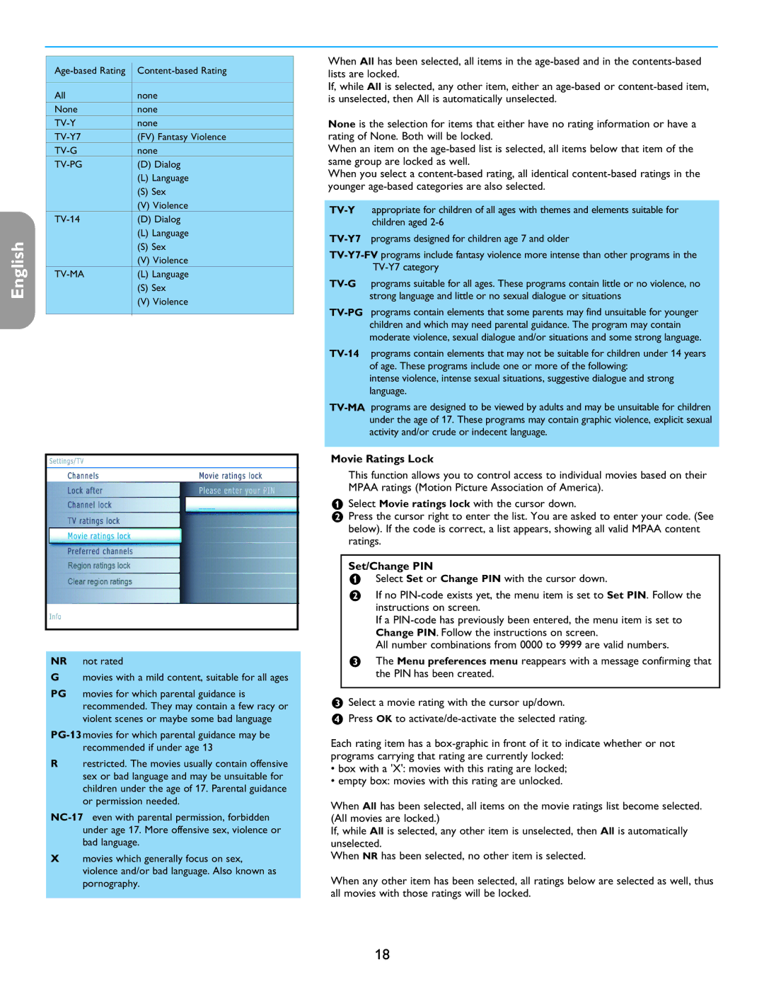 Philips 42PF5321D/85, 32PF7421D/37, 26PF5351D/37, 42PF5421D/37 user manual Française Español, Movie Ratings Lock 