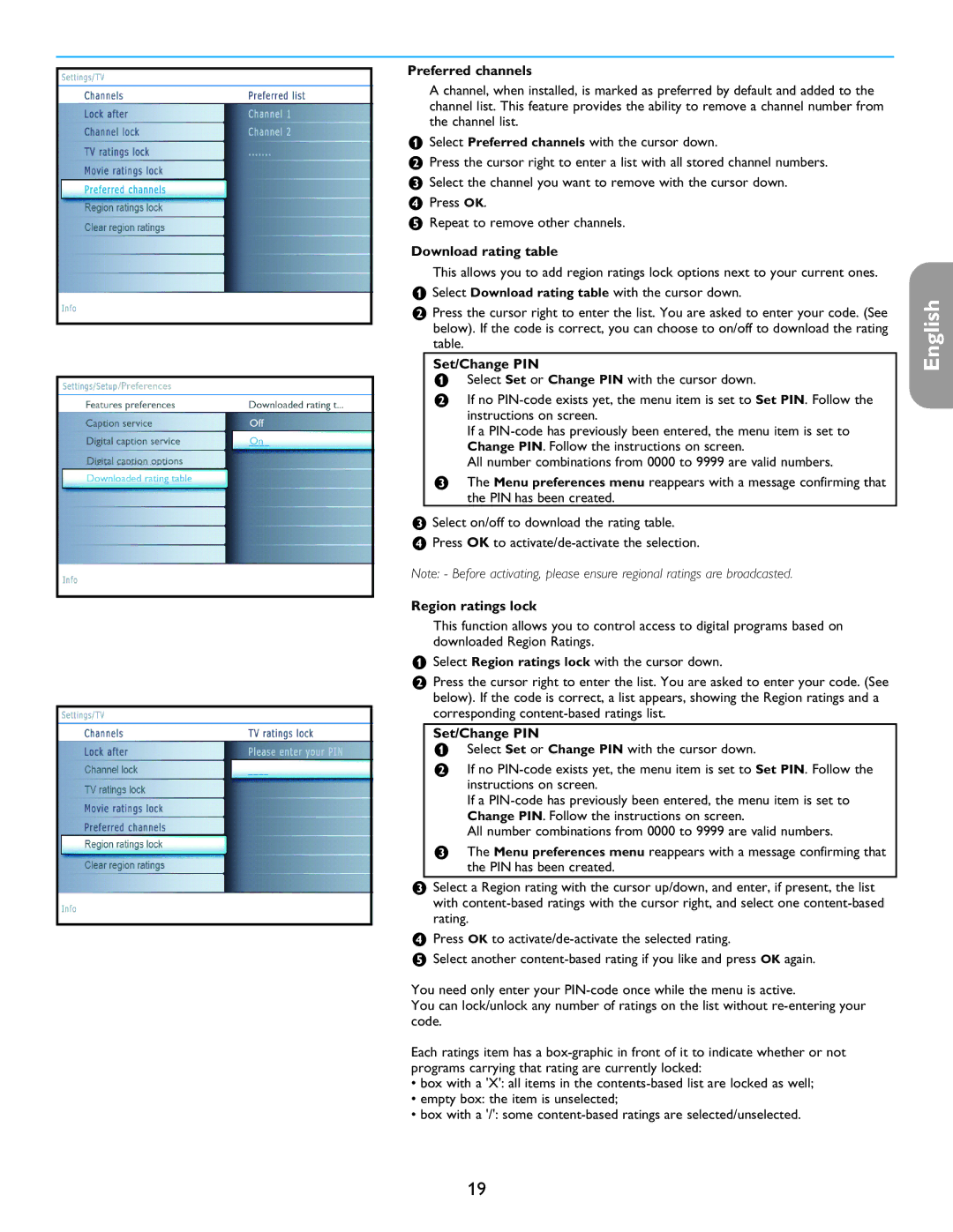 Philips 42PF5421D/37, 32PF7421D/37 Preferred channels, ‘ Press OK Repeat to remove other channels, Download rating table 