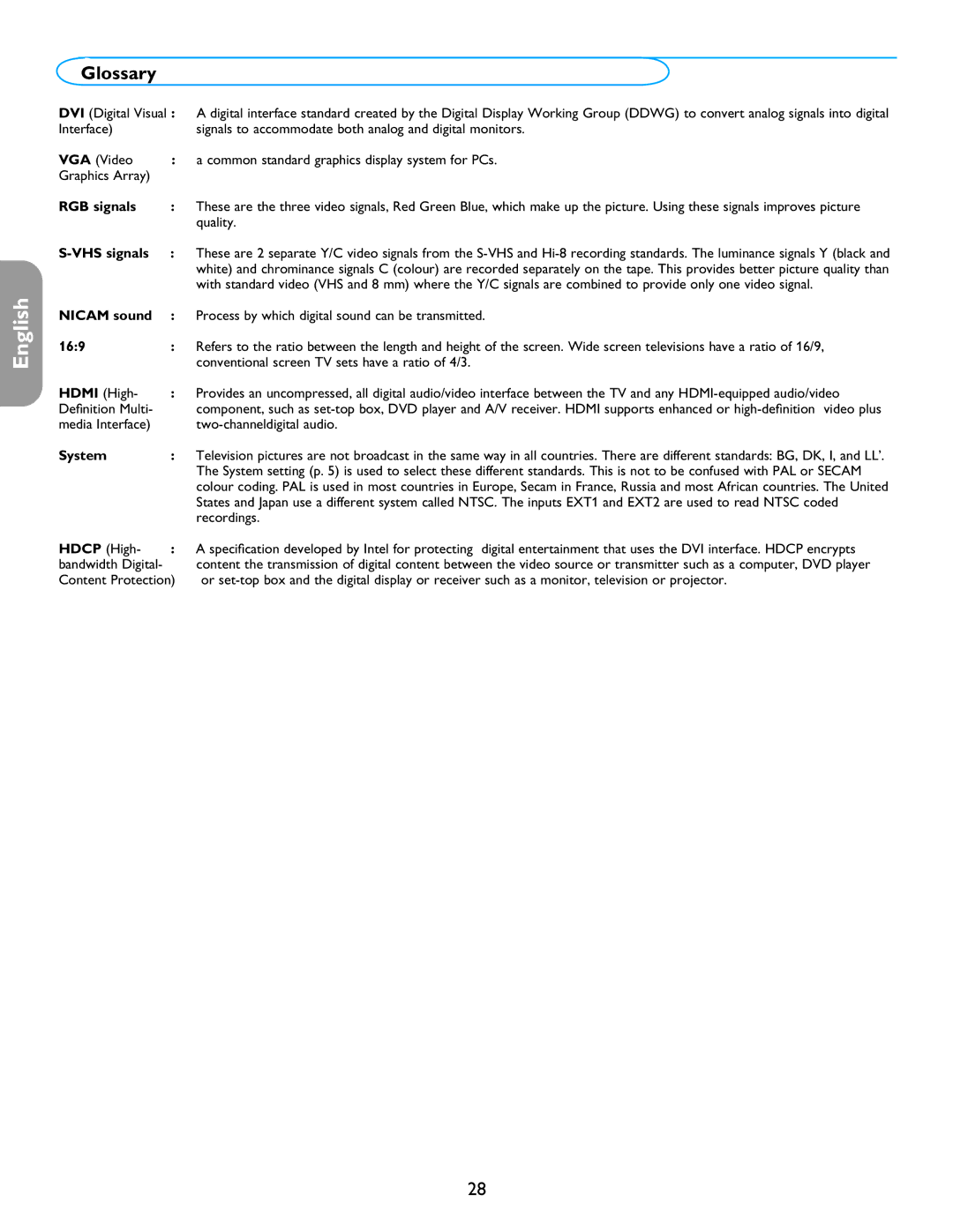 Philips 32PF7421D/37, 26PF5351D/37, 42PF5321D/85, 42PF5421D/37 user manual Glossary 